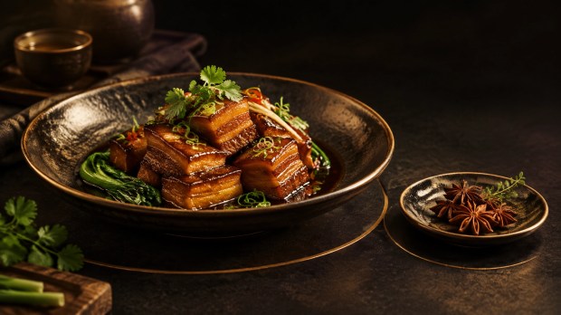 Braised pork belly plated in a dark ceramic dish with star anise set aside on a separate saucer