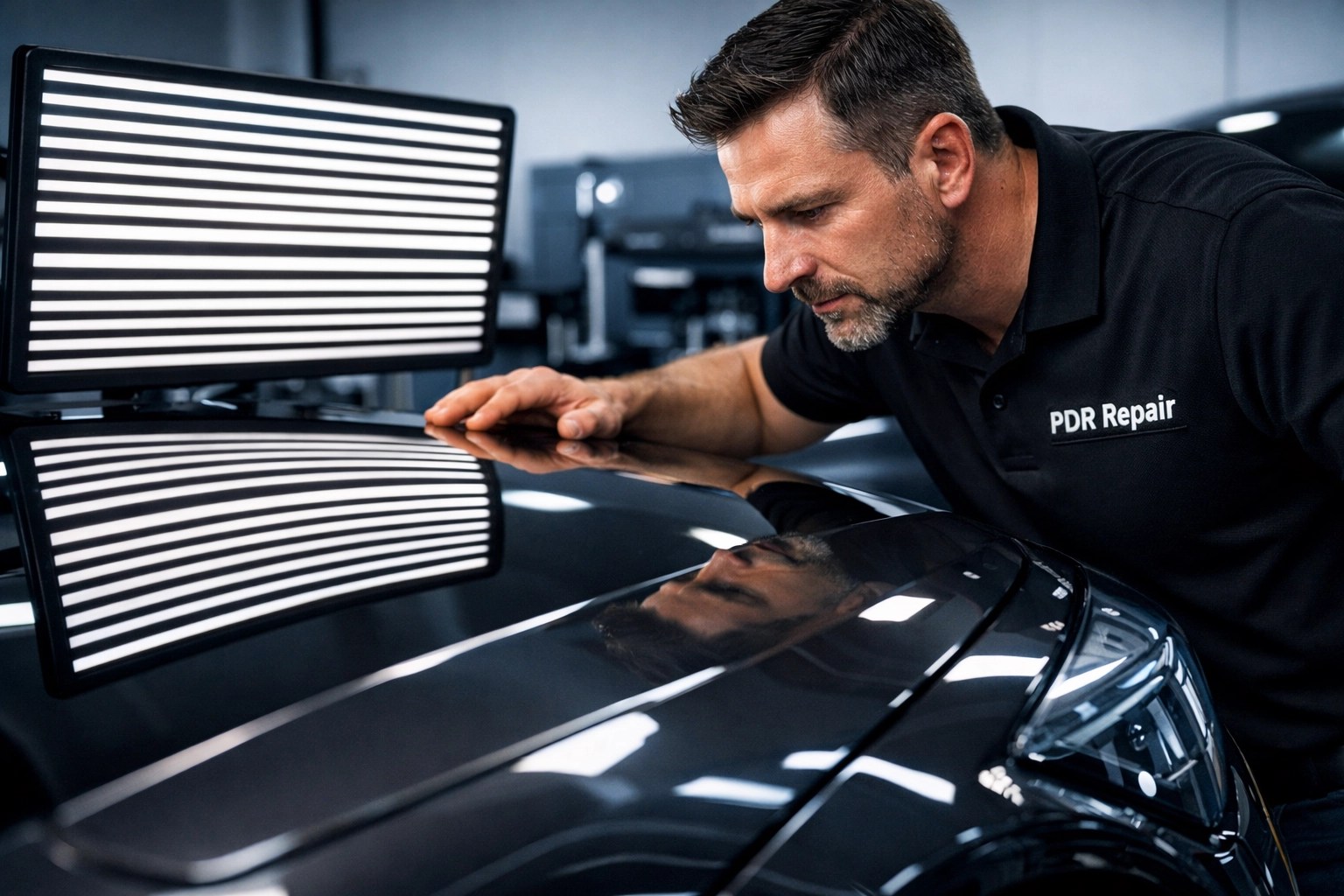 Elite PDR technician performing quality control on a luxury car for a retail-ready finish.