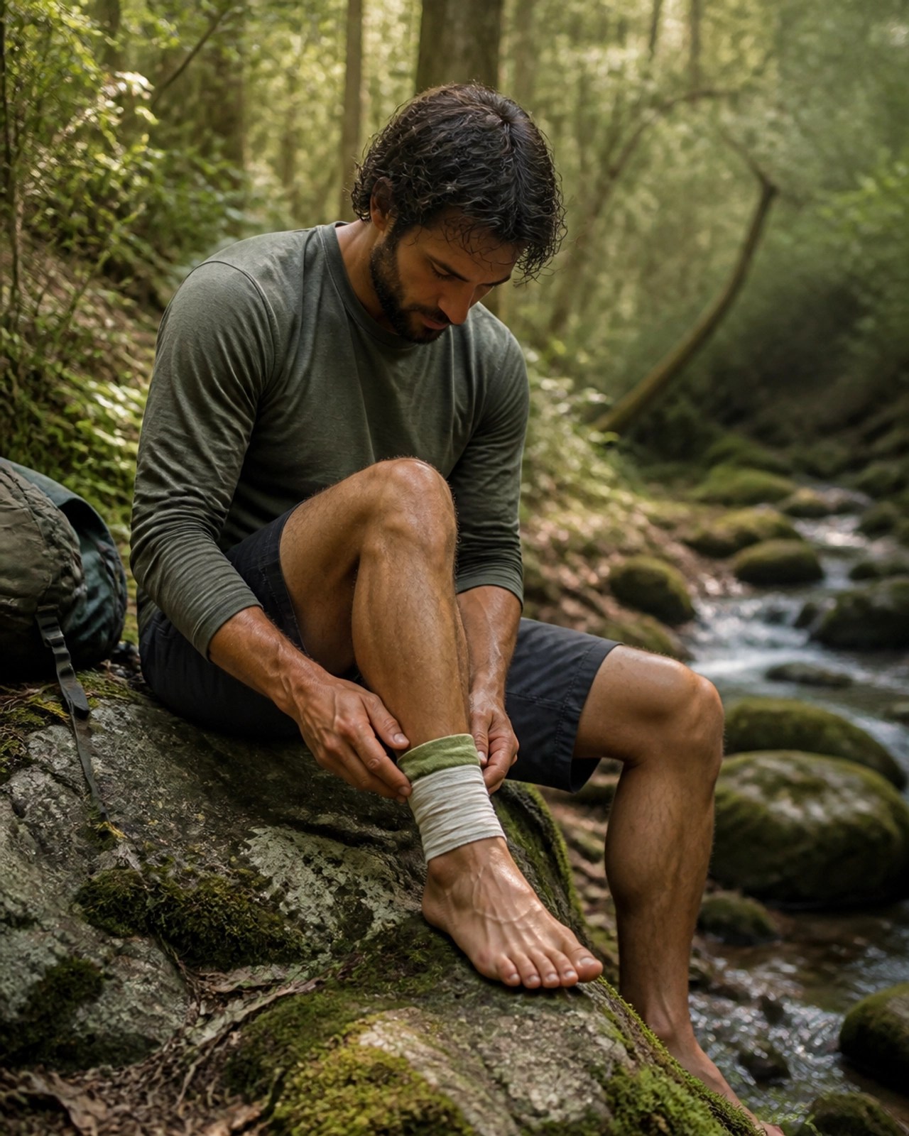 Runner resting with a clay poultice on their ankle