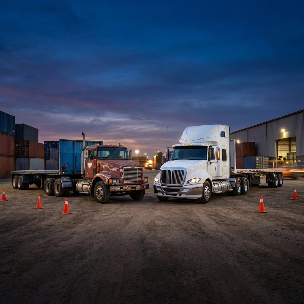 Comparison of old and new flatbed trucks illustrating quality differences in heavy haul trucking