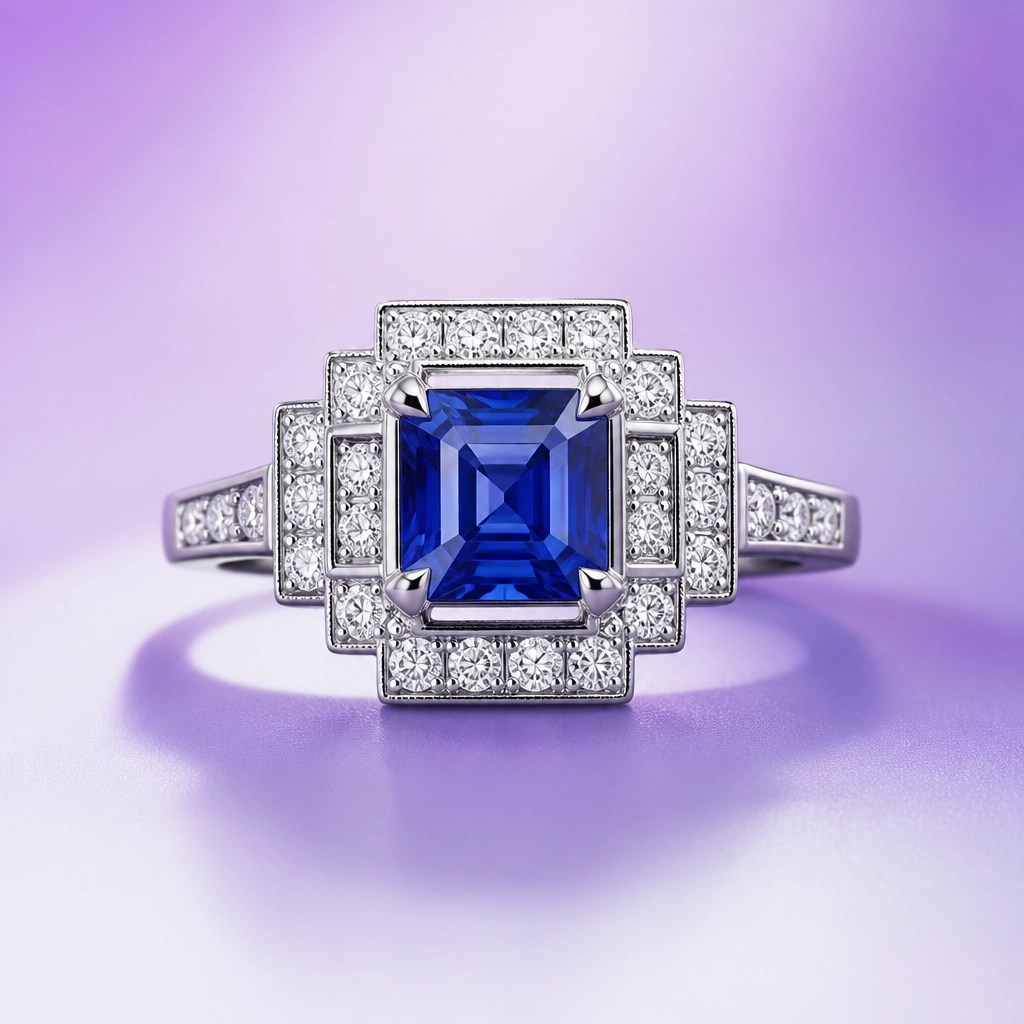 Art Deco sapphire ring on a violet pastel background