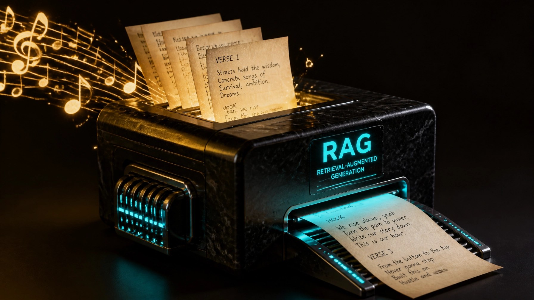 Abstract visual representing RAG (Retrieval-Augmented Generation) technology in a hip-hop context. Glowing golden music notes and lyric sheets being fed into a sleek, dark obsidian processor that emits a soft teal neon glow.