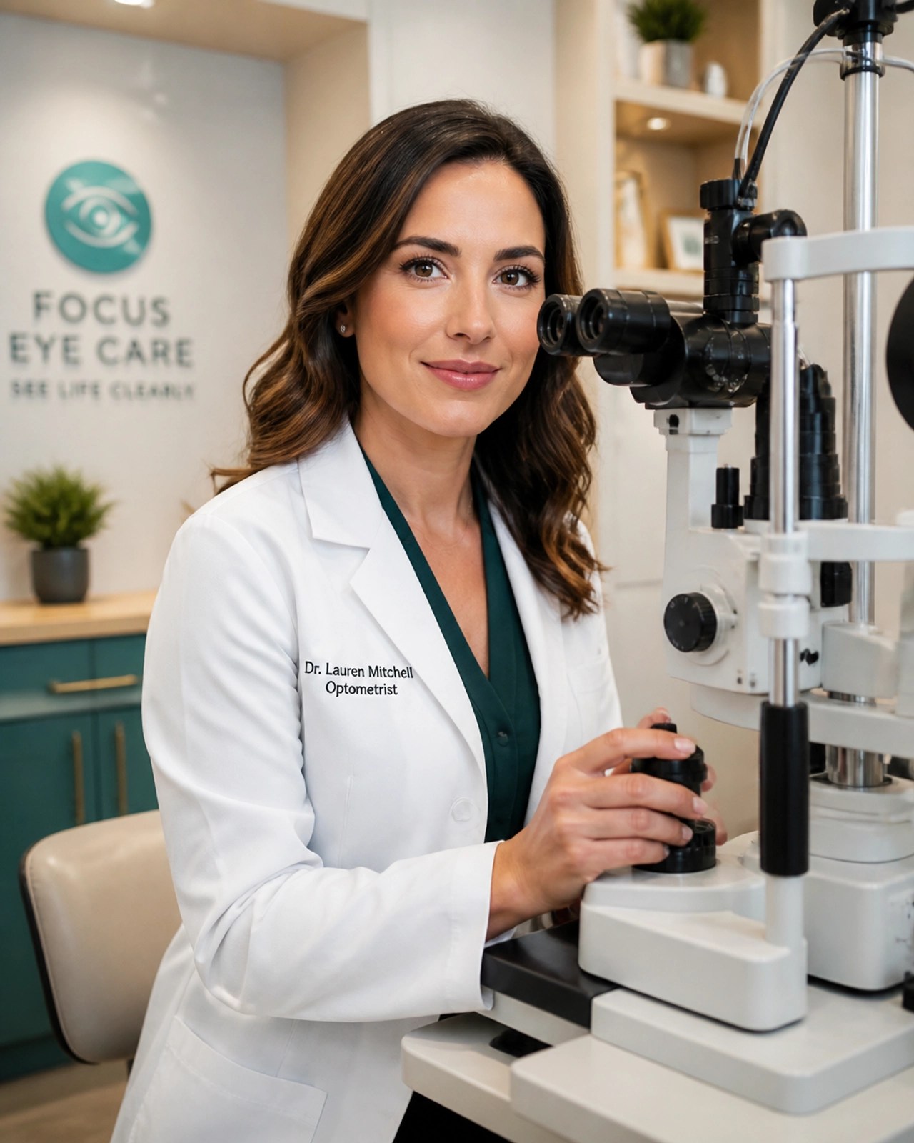 A professional female optometrist using diagnostic equipment in a minimalist clinical suite, representing the primary care foundation of eye care.