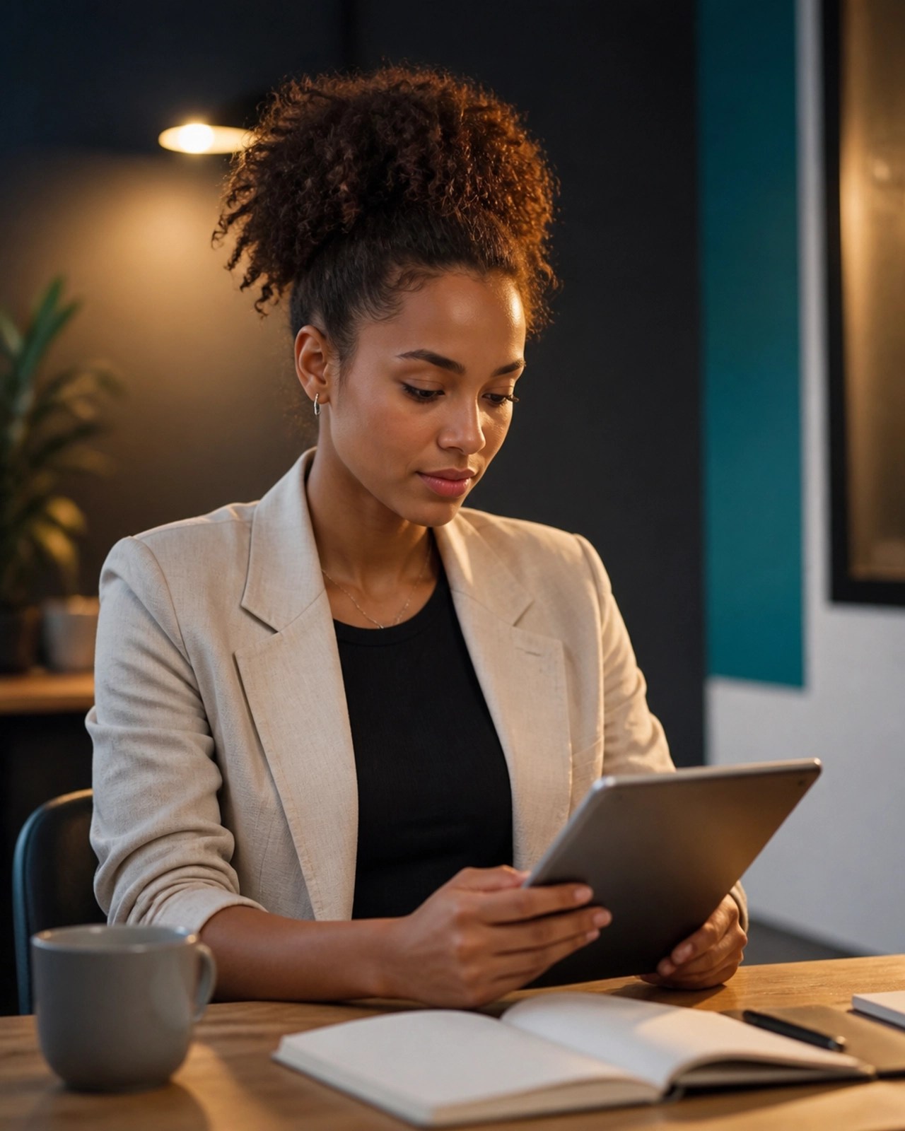 A young professional woman in a modern workspace, thoughtfully considering her career options.