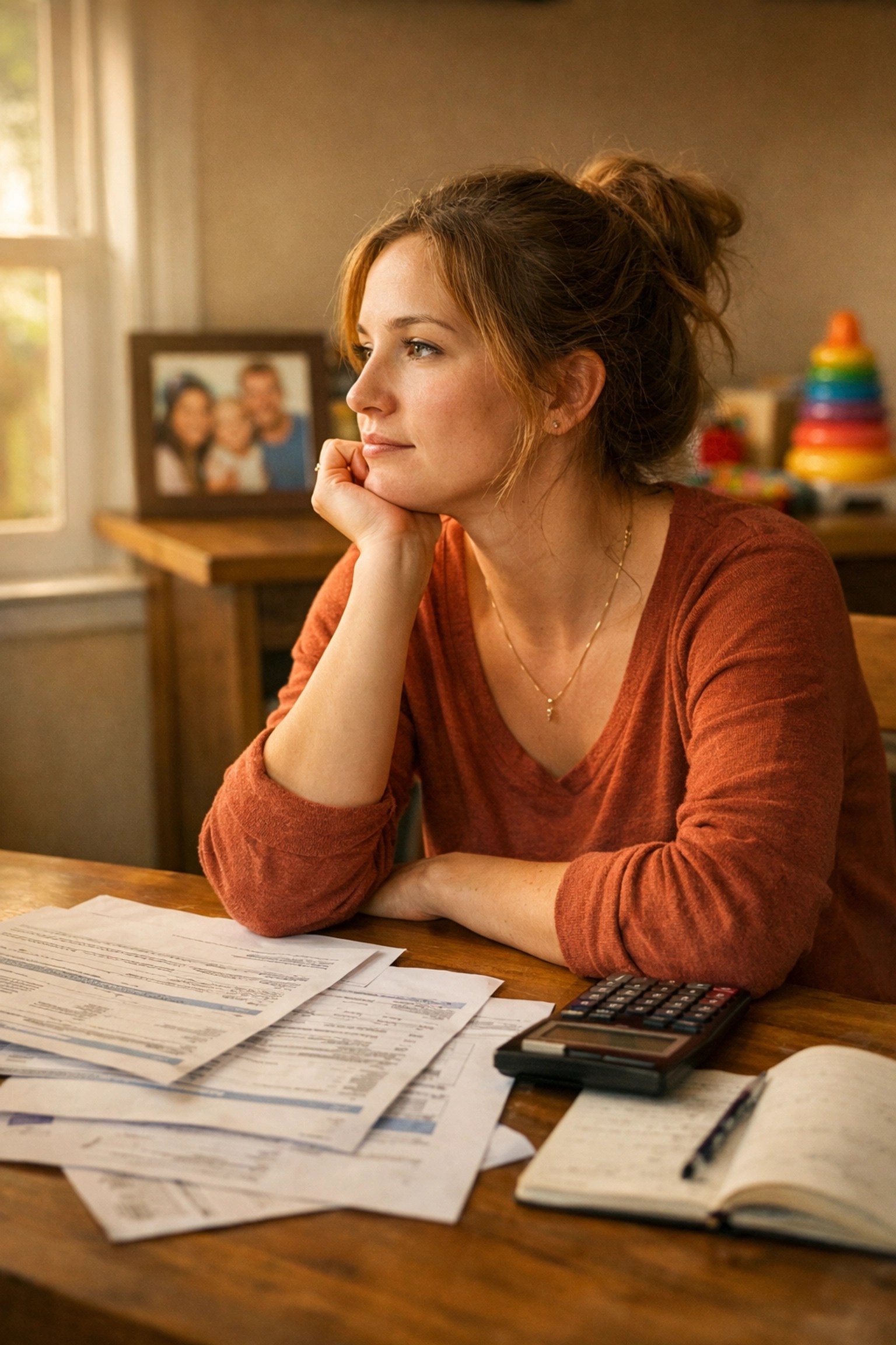 Parent calculating life insurance needs with bills and paperwork on kitchen table