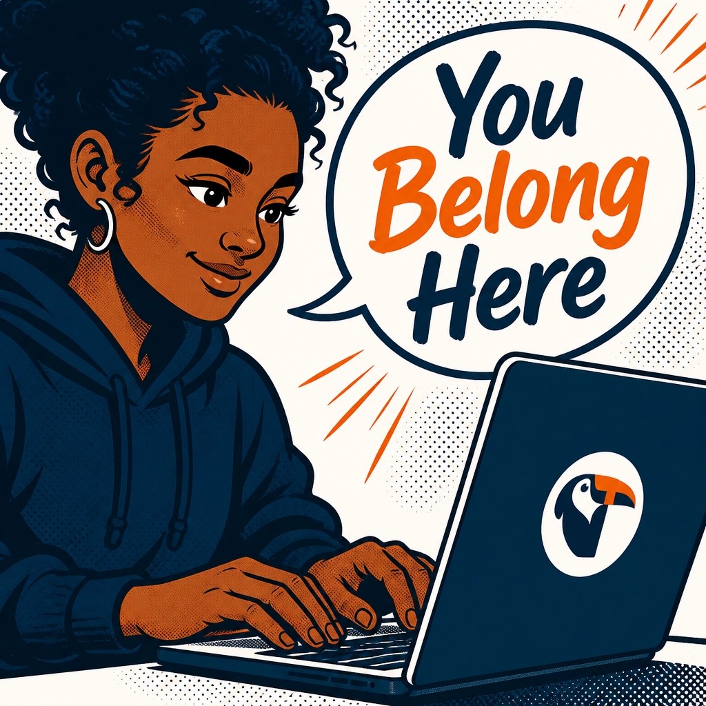 Person of color typing on a laptop at a desk with a speech bubble reading 'You Belong Here', representing inclusive brand voice in private practice website copywriting.