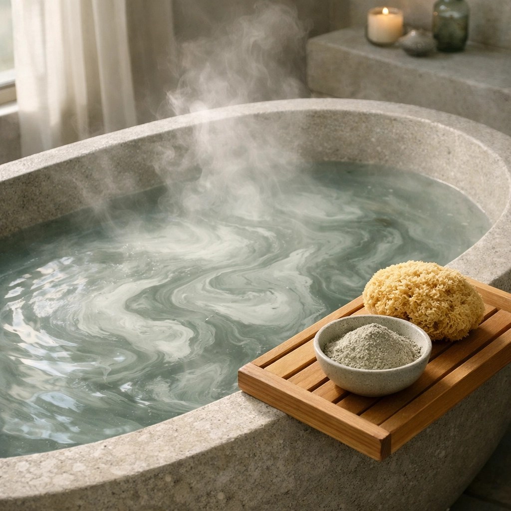 Mineral-rich bentonite clay swirling in a warm detox bath for soothing skin and body inflammation.