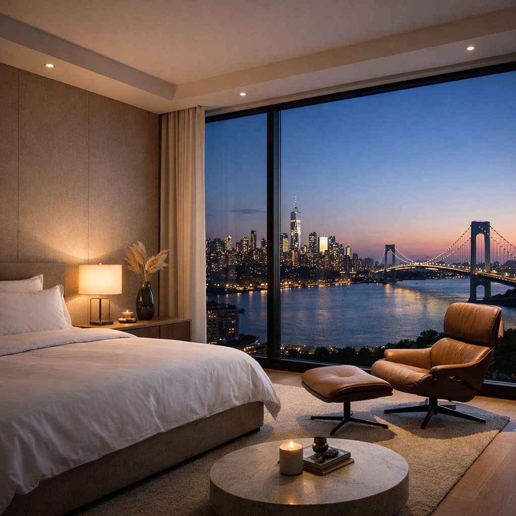 Luxury Brooklyn hotel suite with a floor-to-ceiling view of the NYC skyline and Verrazzano Bridge.