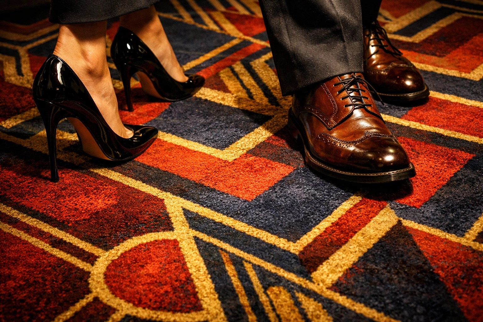 Polished vintage shoes stepping onto the iconic geometric Art Deco carpet at Radio City Music Hall Grand Foyer.