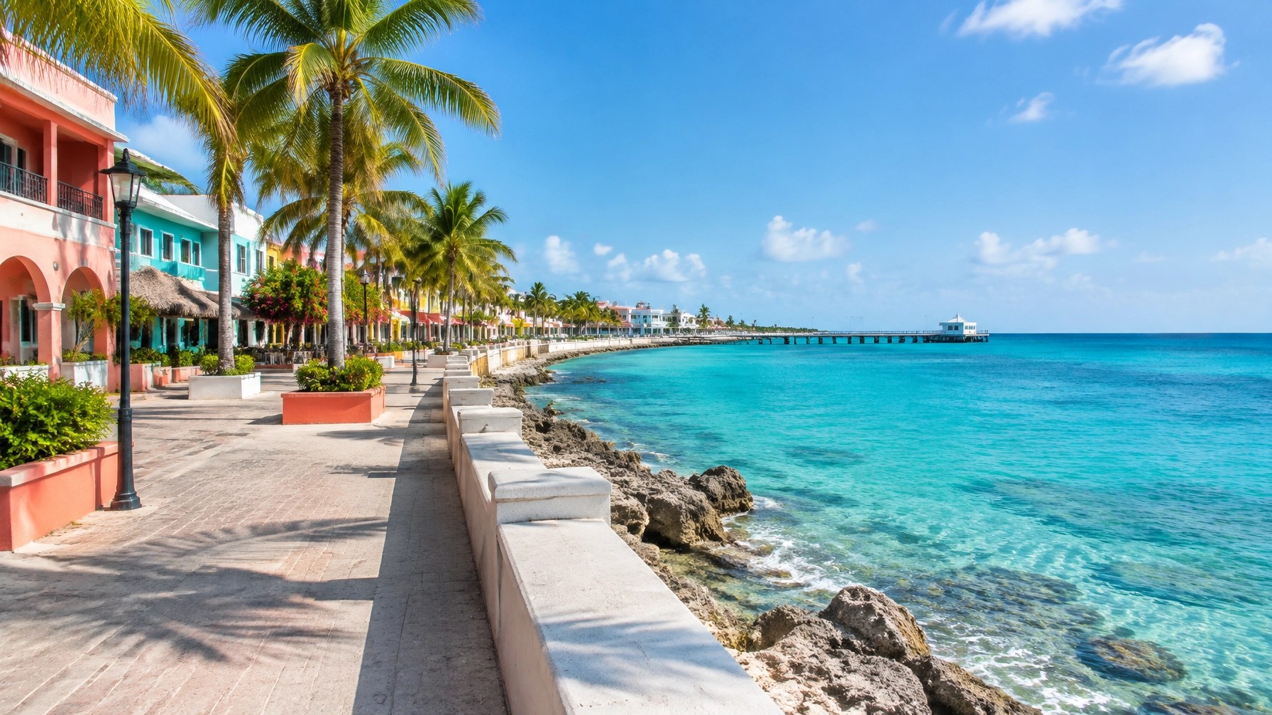 Cozumel's sunny waterfront promenade beside clear Caribbean water