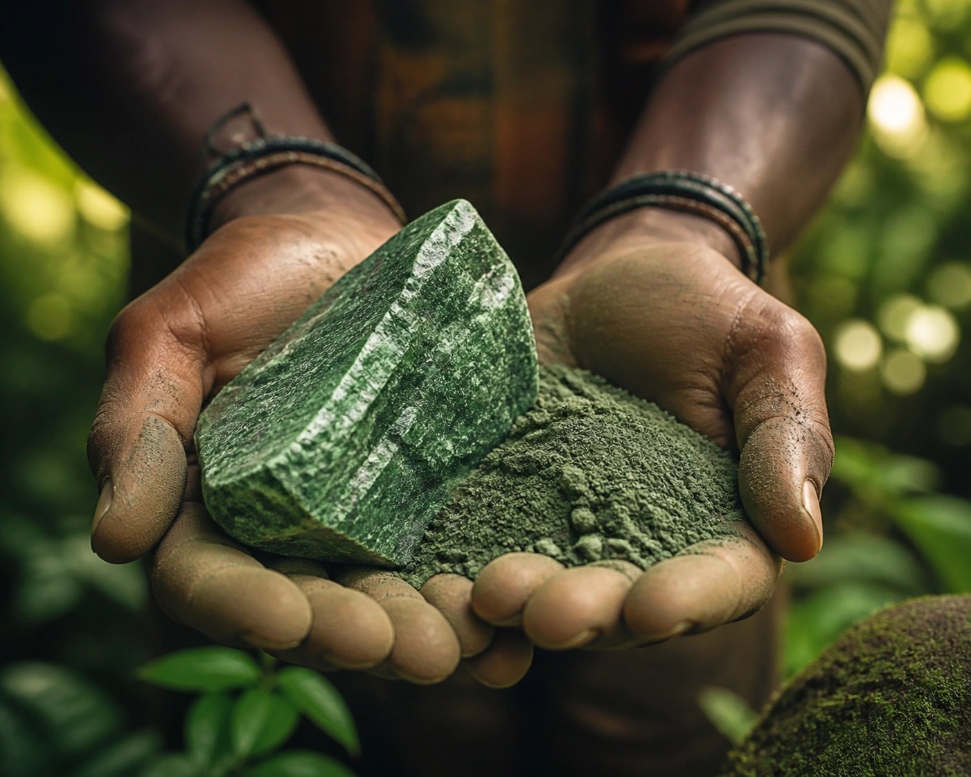 Hands holding raw green earth stone and fine healing clay powder in a natural forest setting.