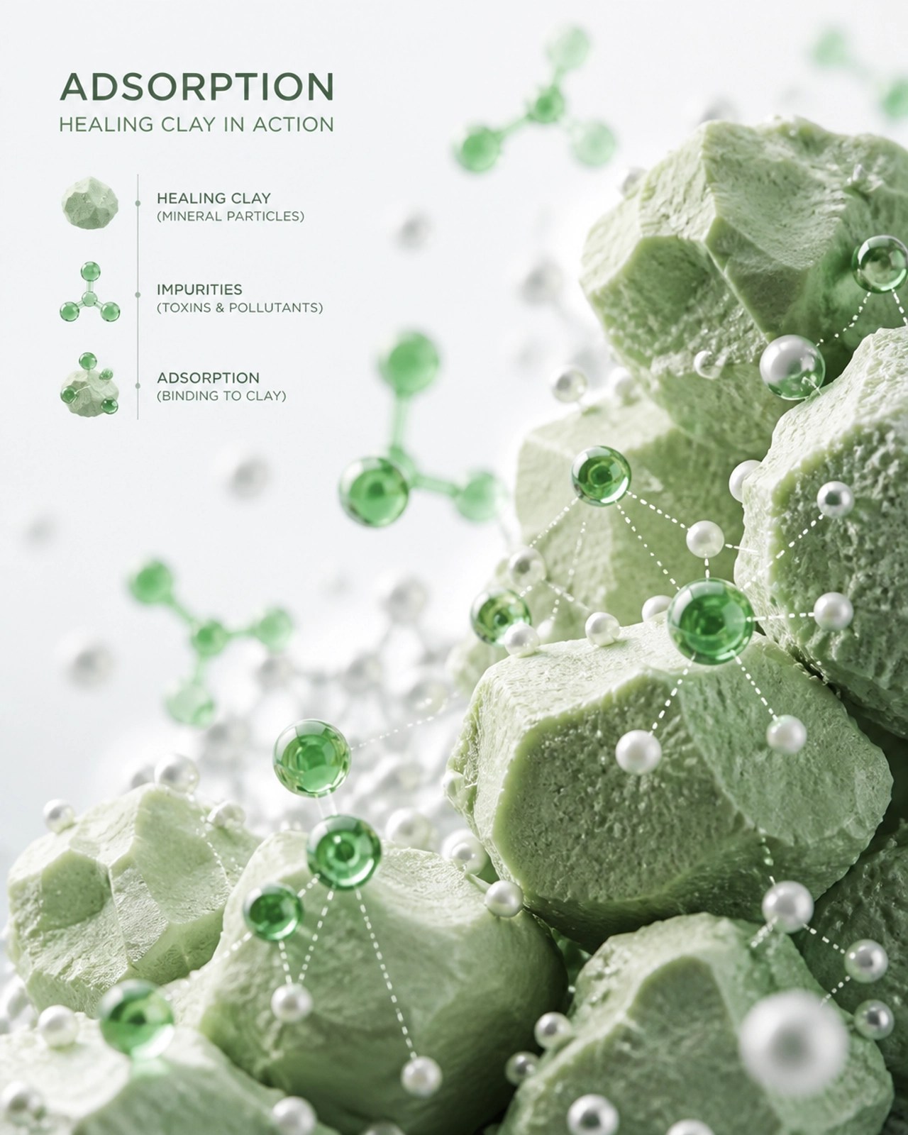 Abstract 3D illustration of mineral particles and molecules binding together, representing the adsorption process of healing clay.