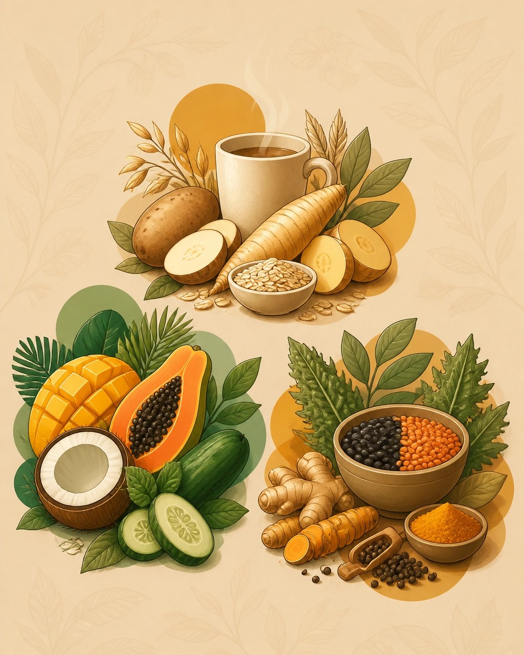 Ilustración de ingredientes colombianos organizados según Vata, Pitta y Kapha
