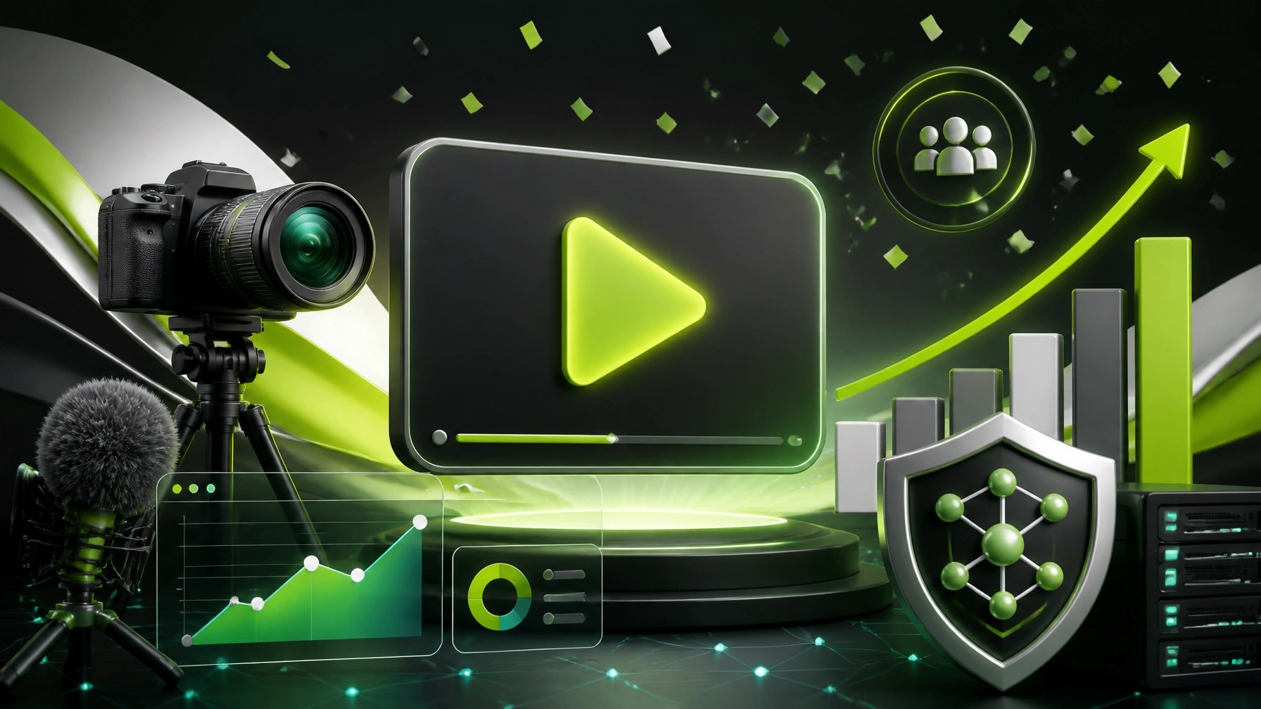 Technology creator milestone illustration with video play button, rising view graph, camera gear, and network shield