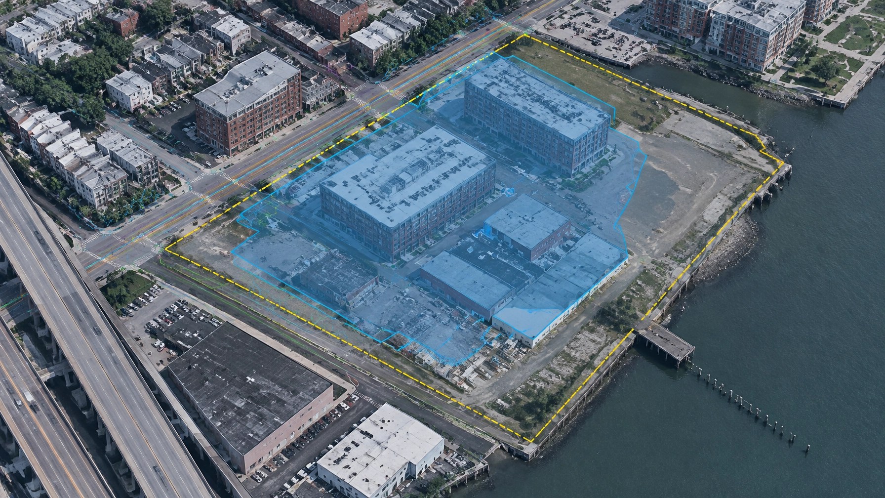 GIS-style aerial visualization of a Hudson County redevelopment parcel with an indoor air notification area boundary