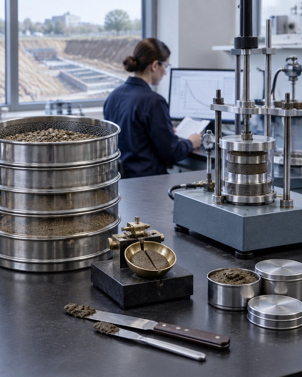 Geotechnical laboratory setup with sieve analysis, Atterberg testing, and consolidation equipment