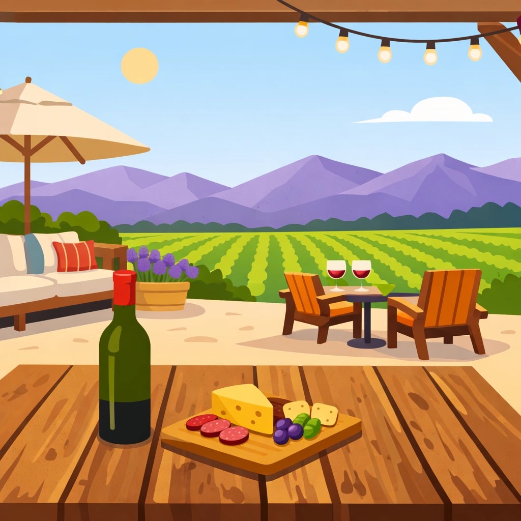 A relaxing outdoor winery lounge with wine and cheese overlooking scenic vineyard hills.