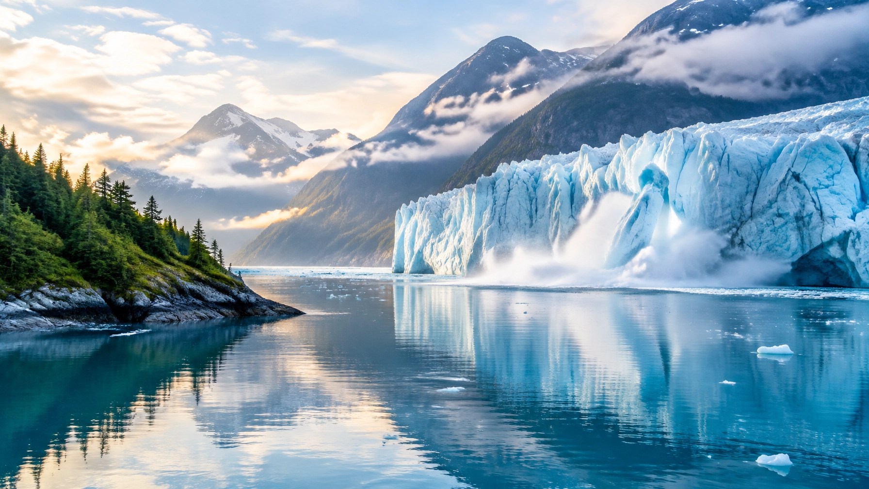 Glacier and evergreen coastline viewed from an Alaska cruise route in soft morning light