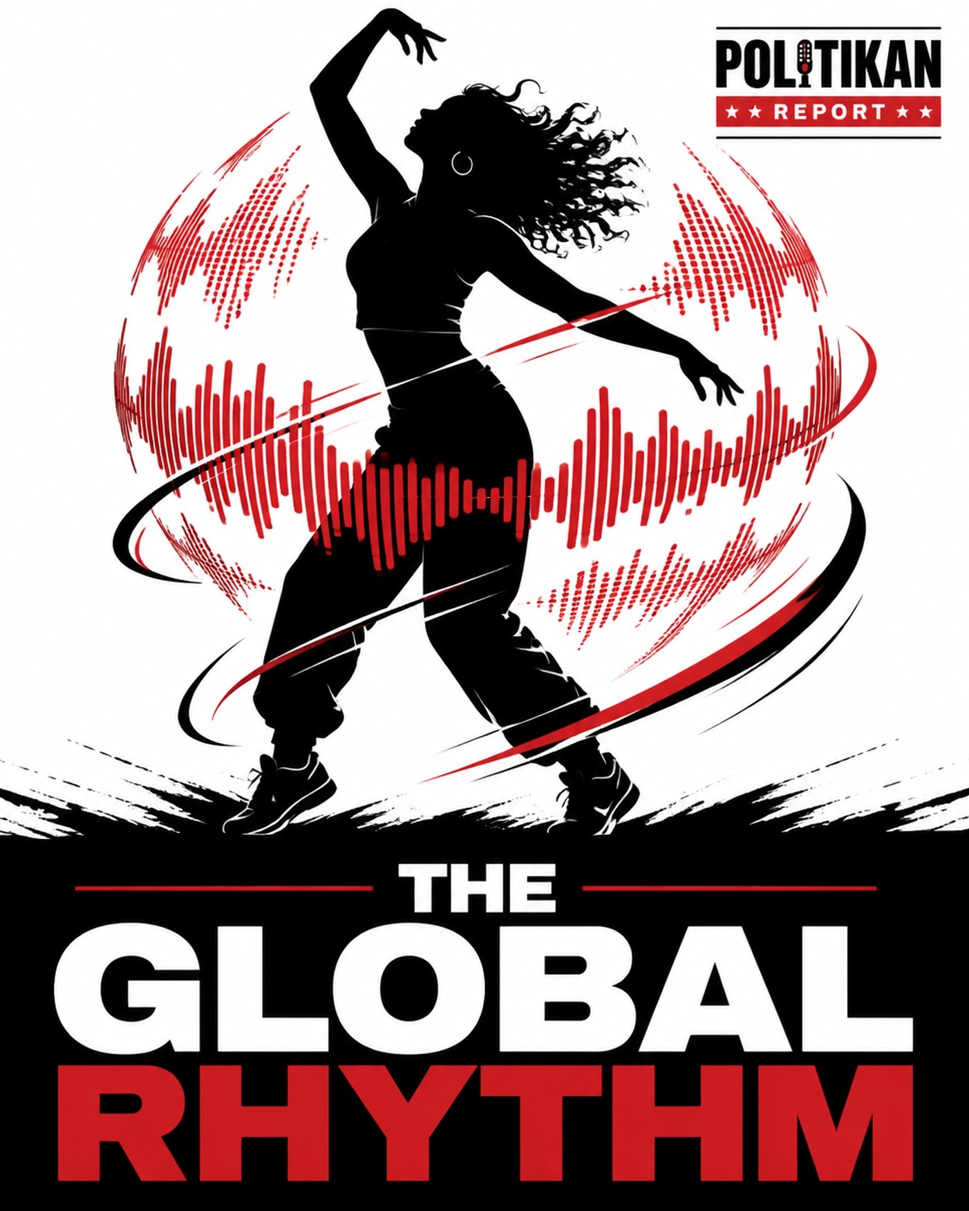 Silhouette of a dancer with red sound waves representing the global rhythm of music and entertainment.