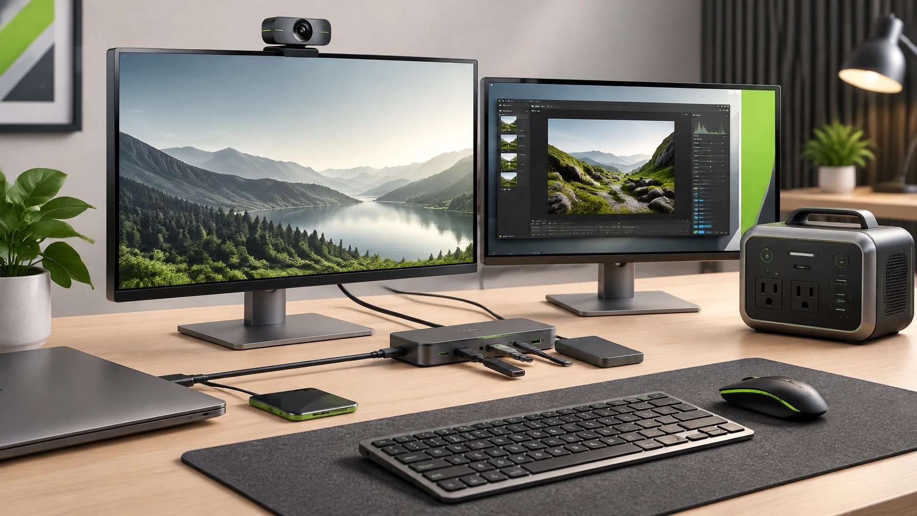 Home office gear illustration featuring a webcam, external monitor, USB-C hub, and portable power station