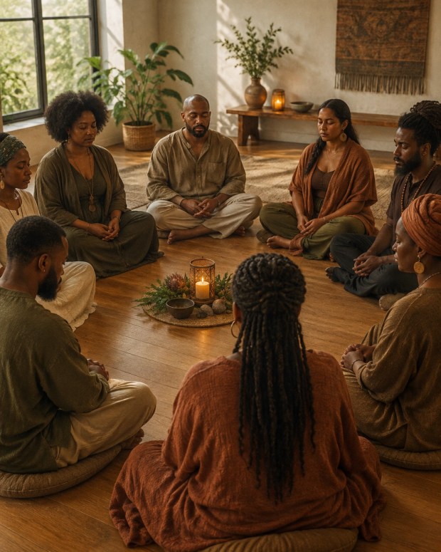 Adults of color seated in a calm retreat practice room for a final meditation