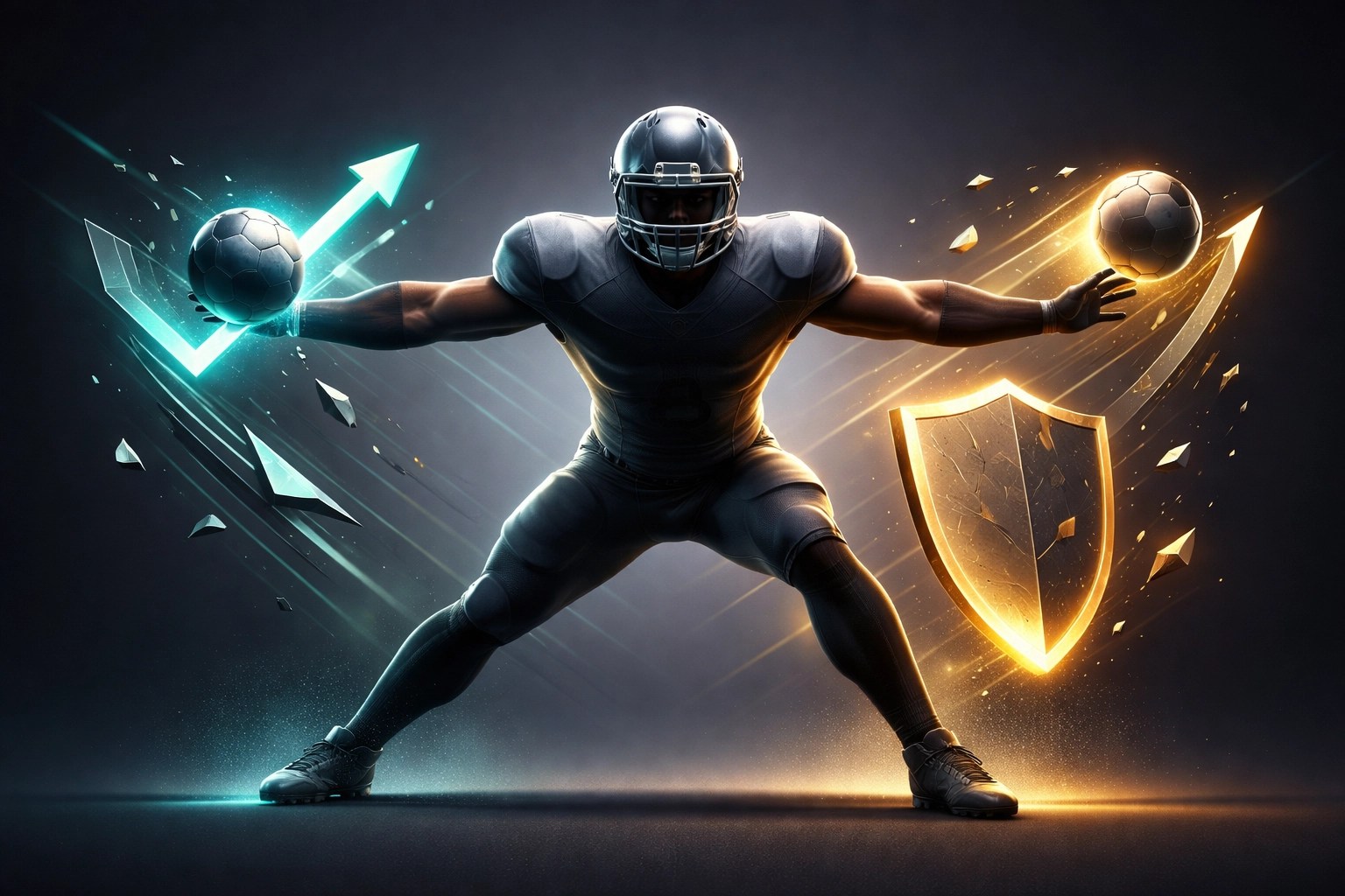 Football defender in a blocking stance surrounded by icons for tackles, interceptions, and blocks in FPL defensive contributions concept