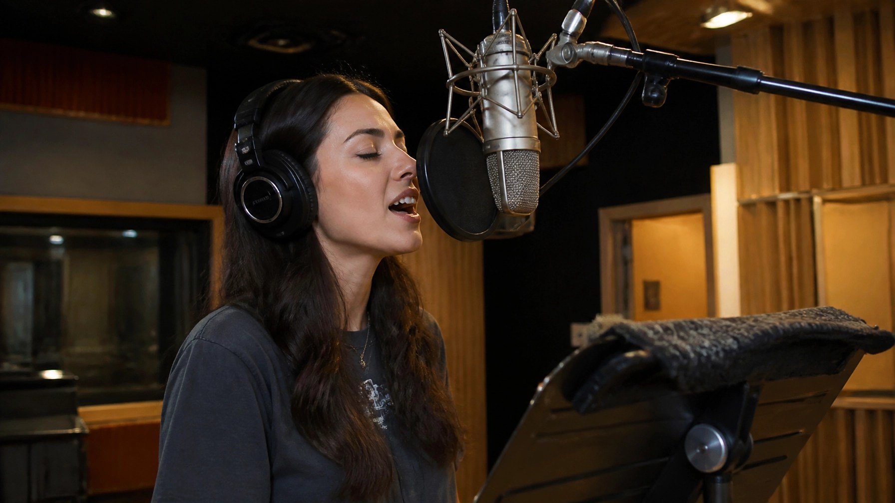 A musician recording vocals in a professional recording studio with high-end microphone and acoustic treatment