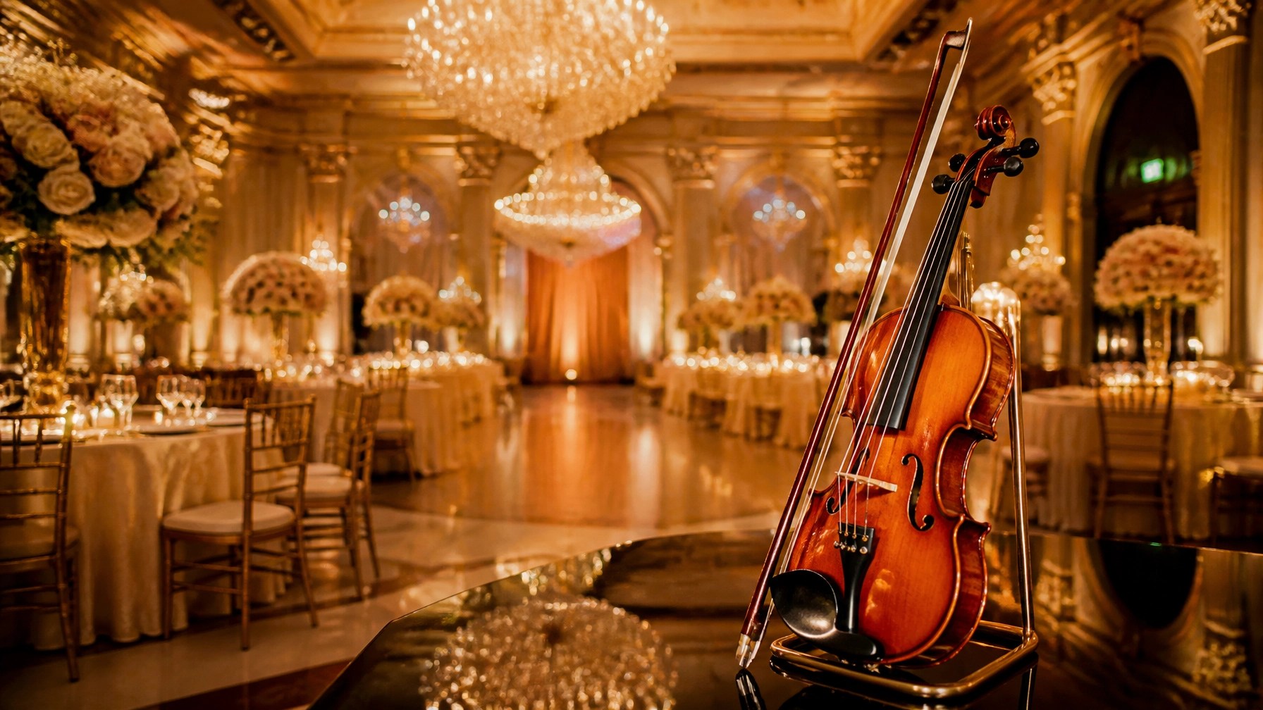 A luxury ballroom set for a high-end event, highlighting the importance of music in creating a sophisticated atmosphere.