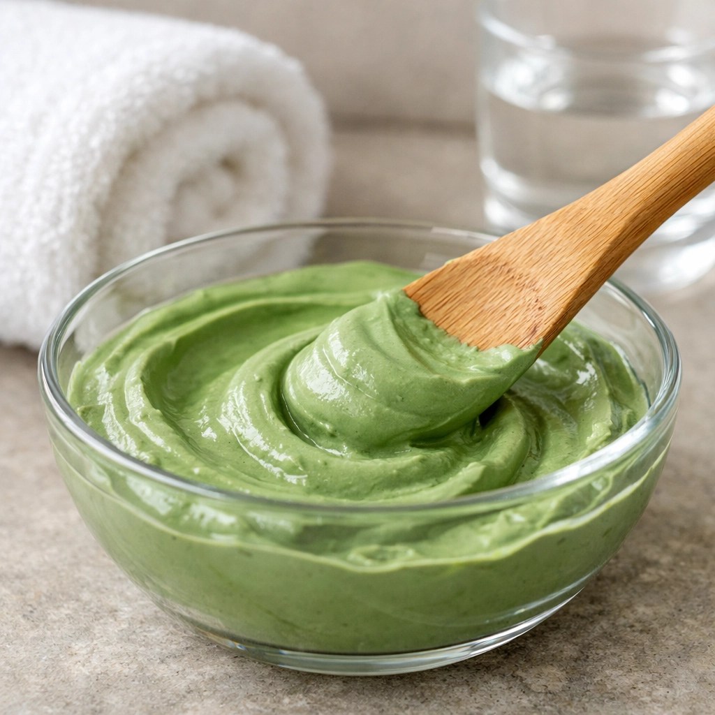 A creamy green clay mask being prepared in a glass bowl for soothing skin redness and irritation.