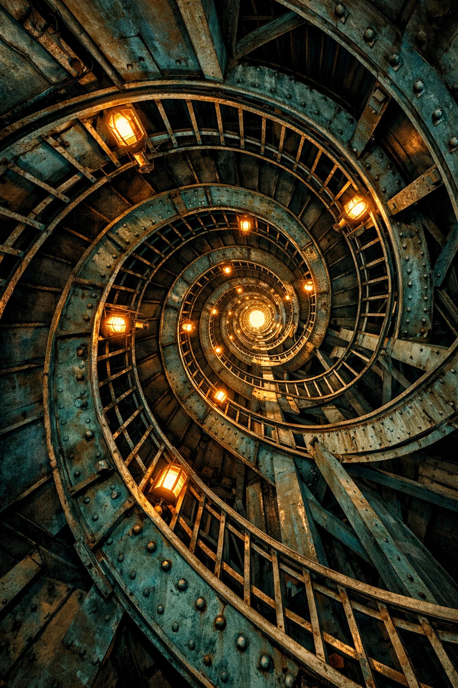 Looking up the narrow double-helix spiral staircase inside the Statue of Liberty crown climb.