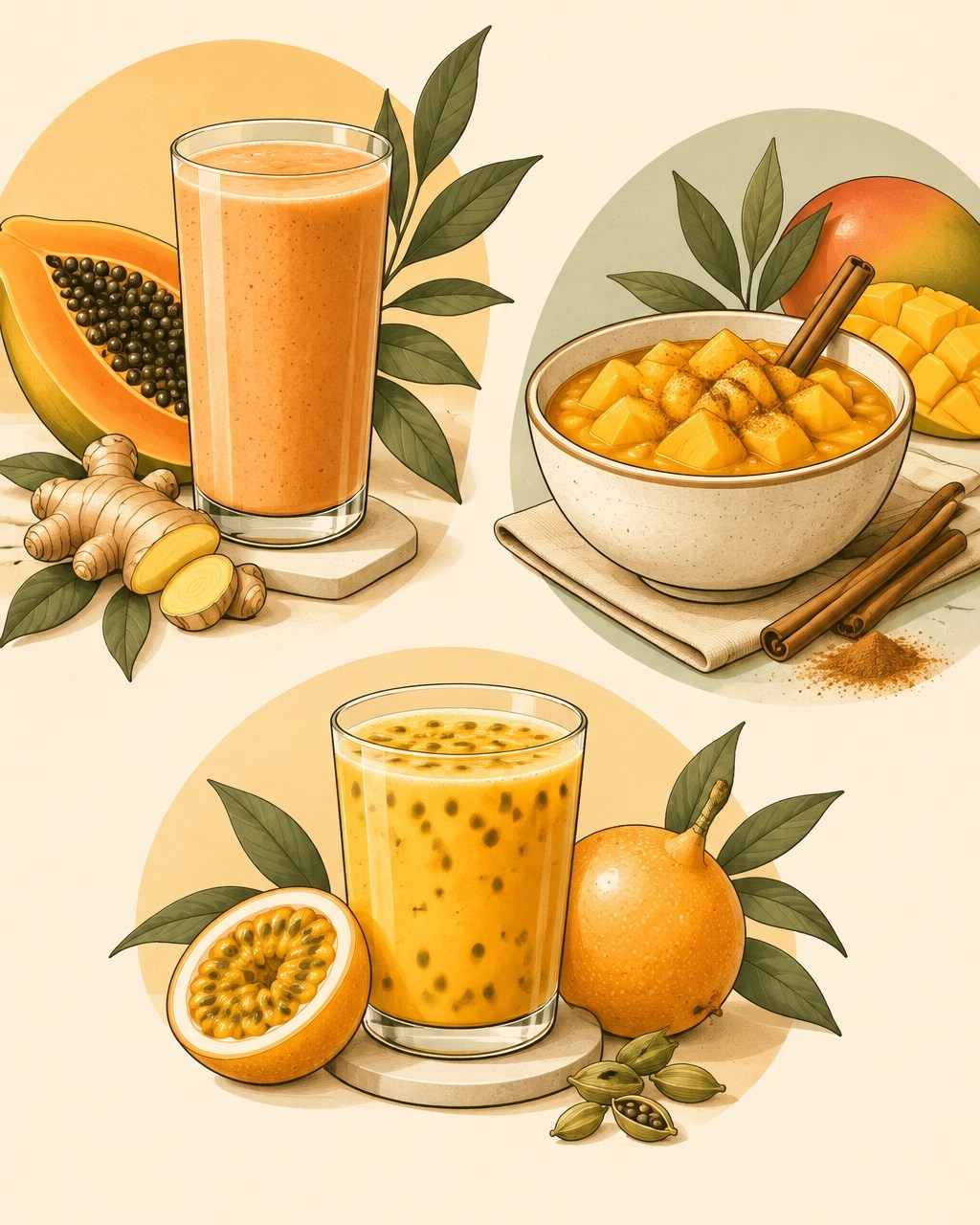 Preparaciones sencillas con frutas colombianas, especias y técnicas de cocina ayurvédica