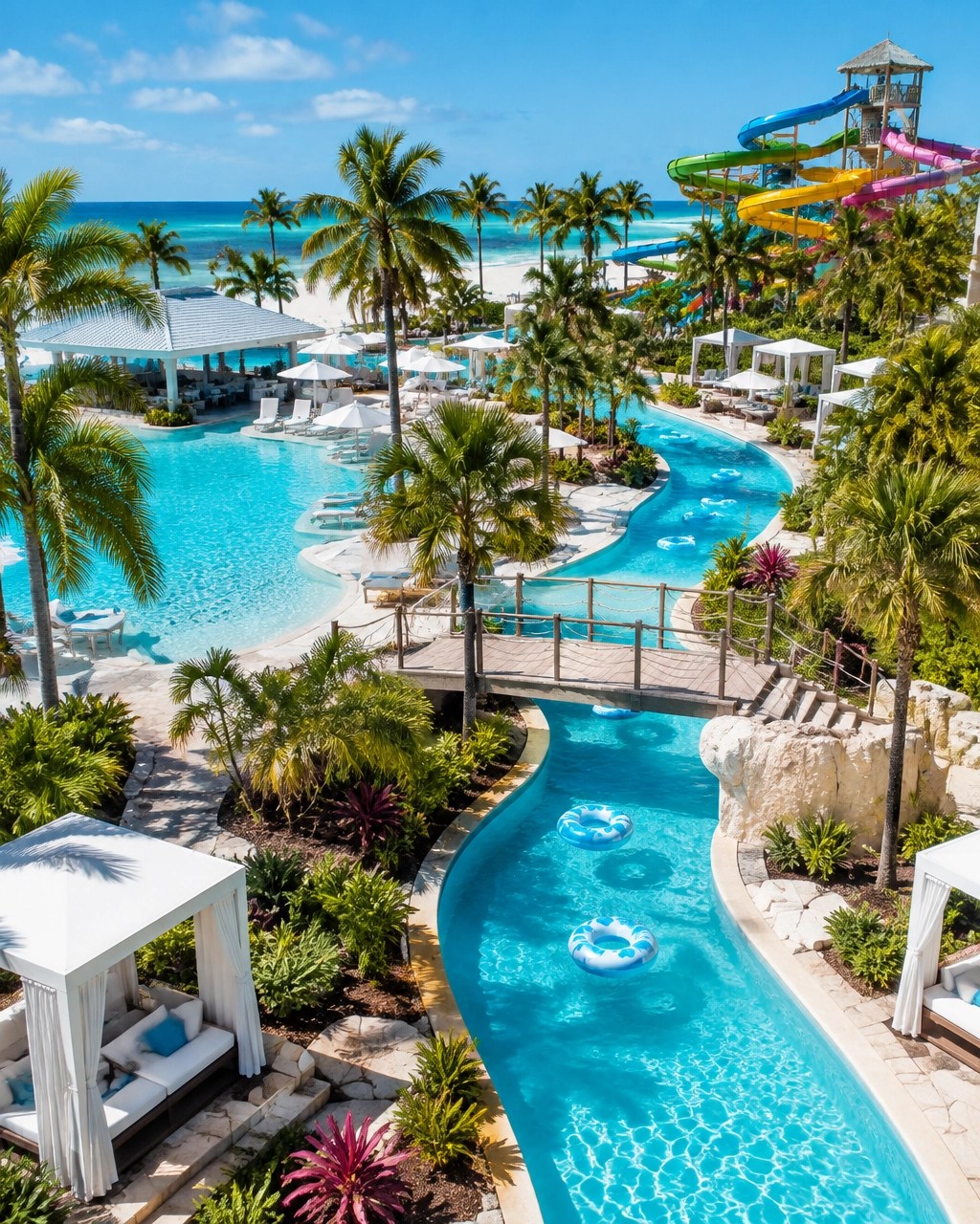 Upscale Bahamas resort pools, water slides, and lazy river with no people