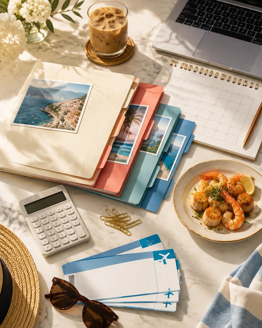 Organized travel-planning desk with itinerary folders, iced coffee, calculator, and seafood snack plate