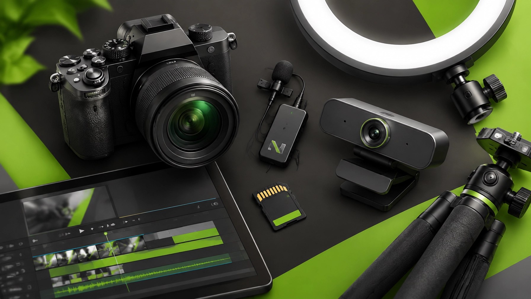 Creator gear illustration featuring a mirrorless-style camera, wireless microphone, ring light, webcam, tripod, and editing interface