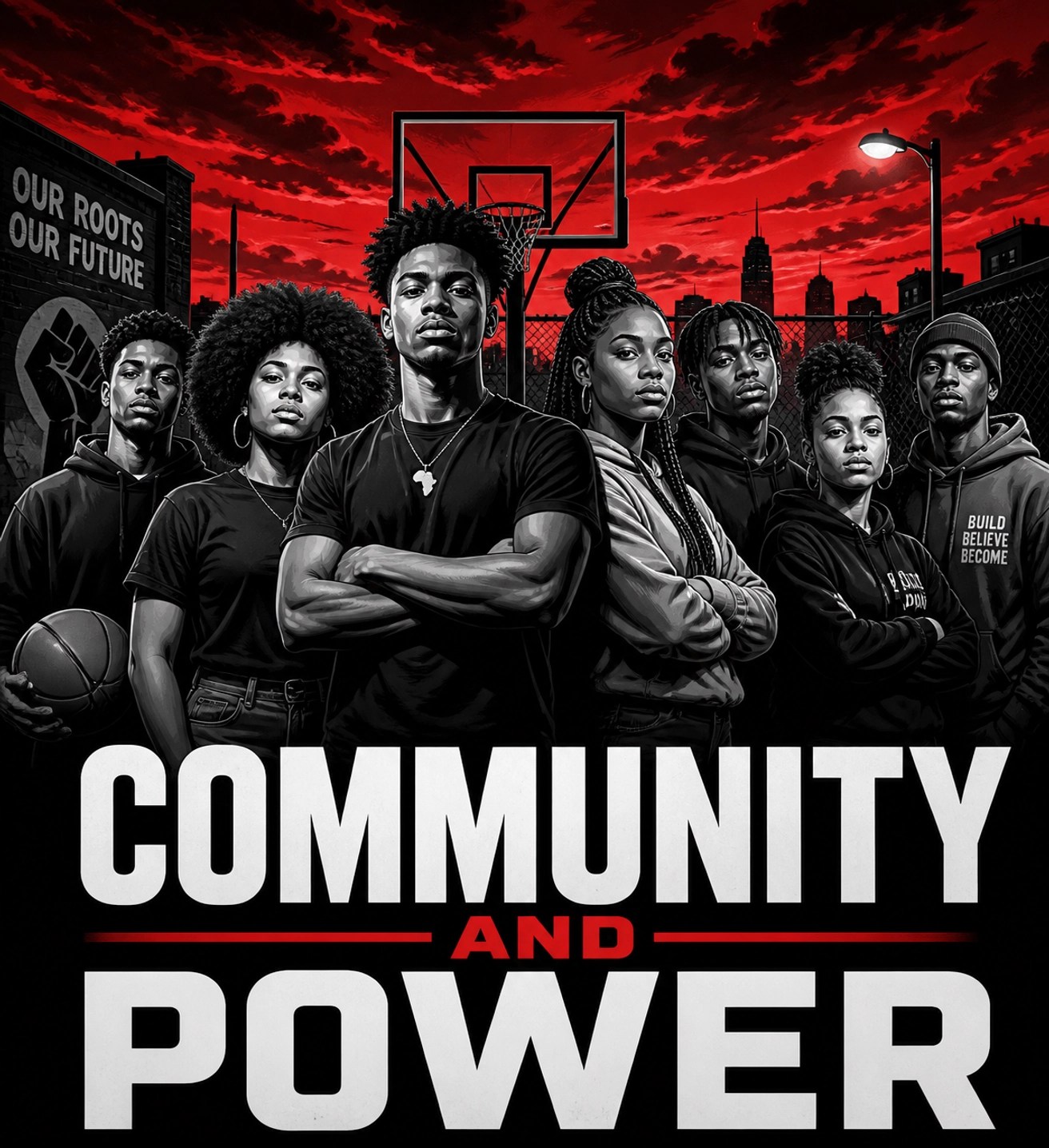 Diverse young athletes on a community basketball court symbolizing collective power and athletic potential.