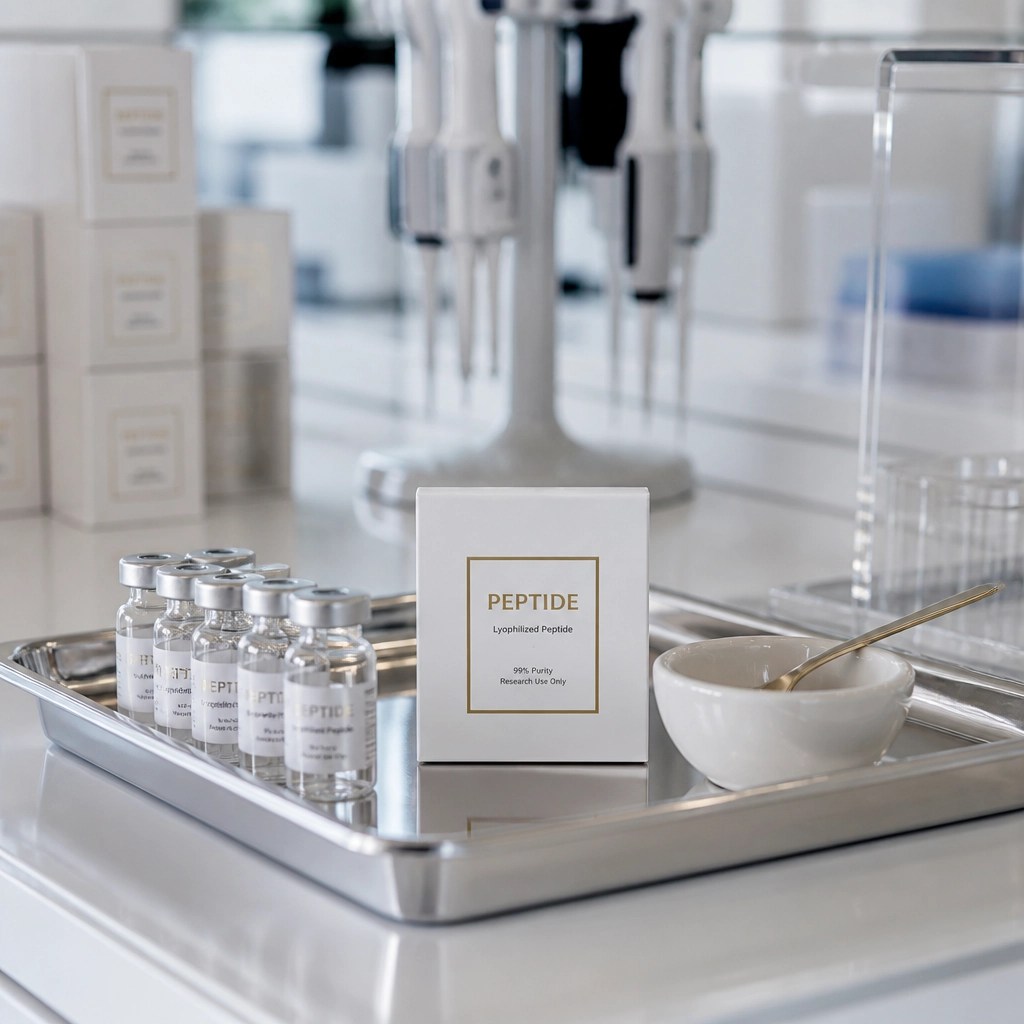 A high-tech laboratory tray with peptide research supplies