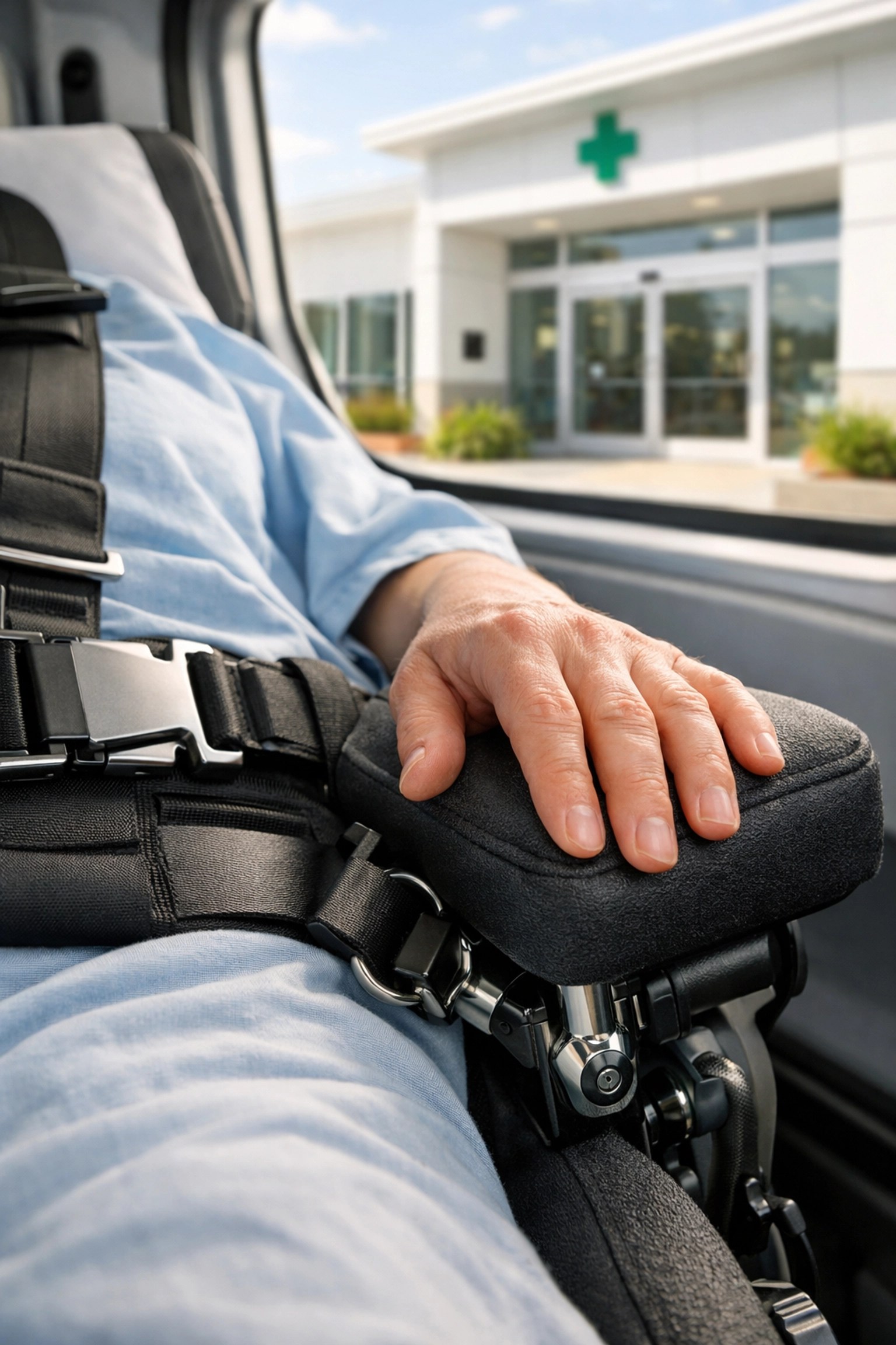 A patient arriving safely at a medical clinic in a reliable, specialized transport ride.