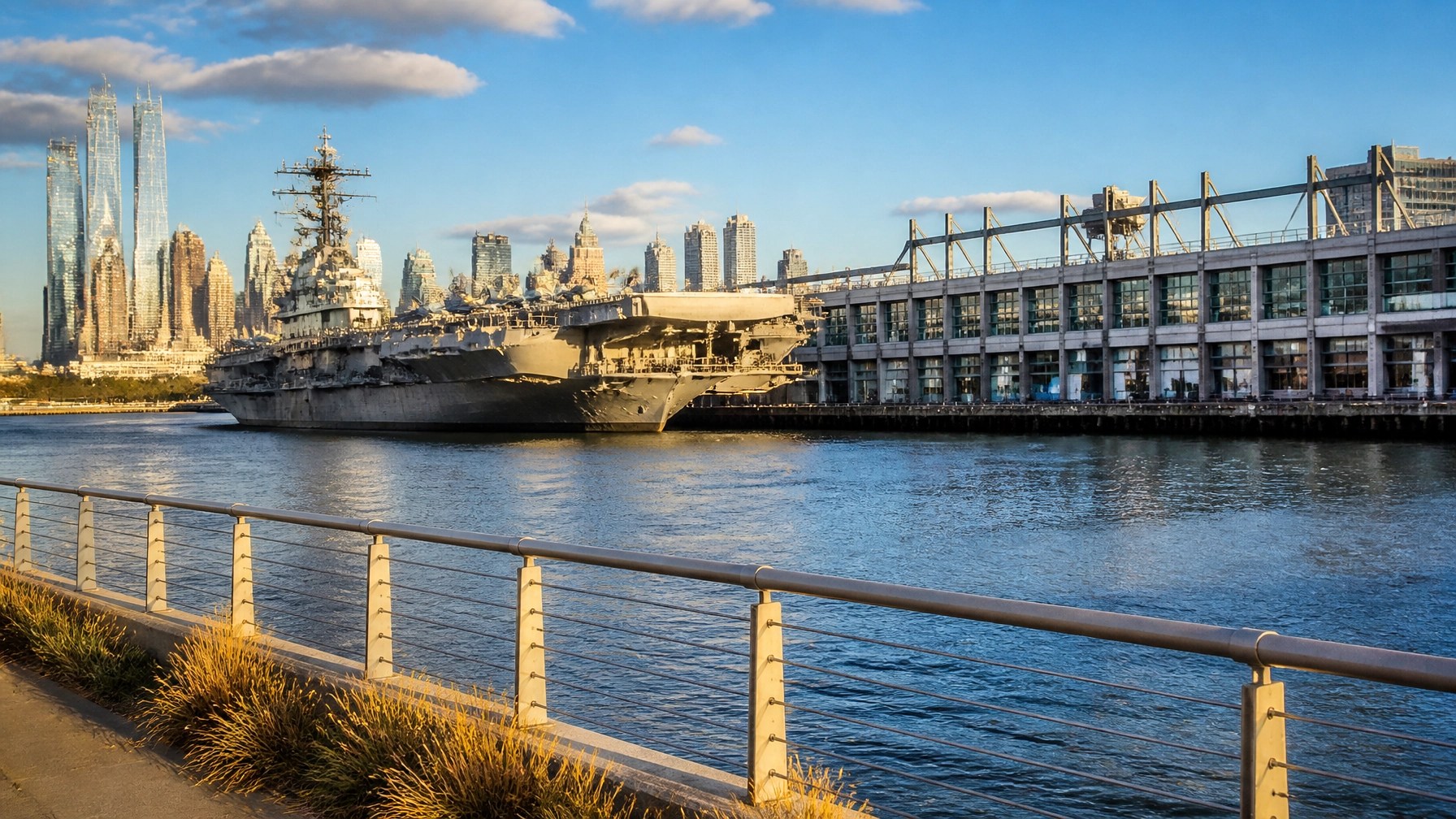 Hudson River waterfront with the Intrepid Museum ship and Manhattan skyline in warm afternoon light