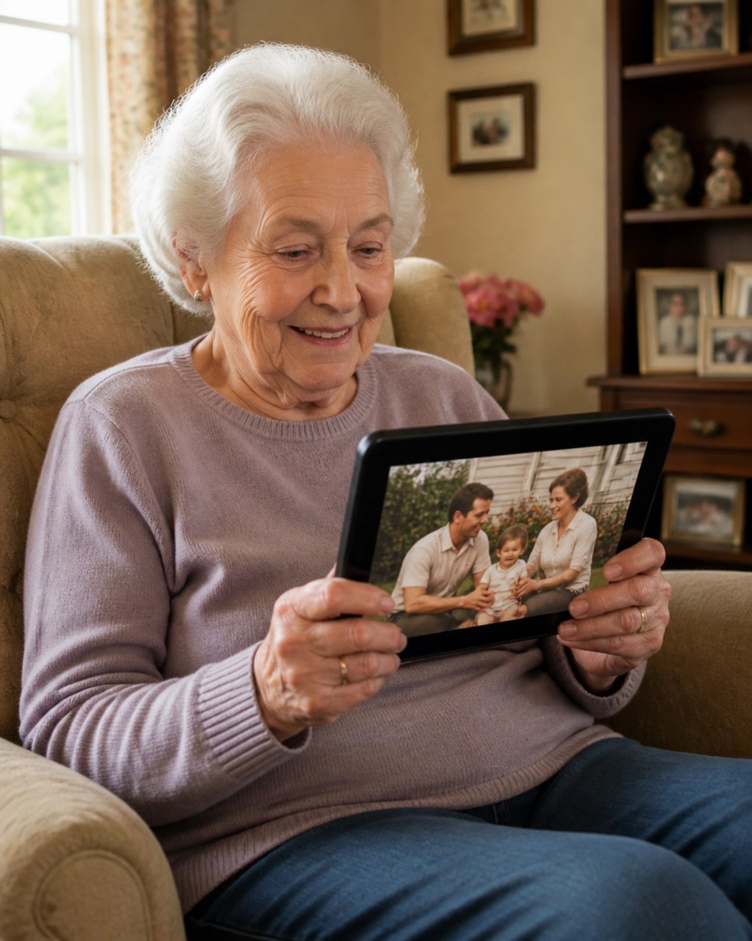 An elderly woman sitting comfortably, watching a home movie on a modern tablet with a gentle smile.