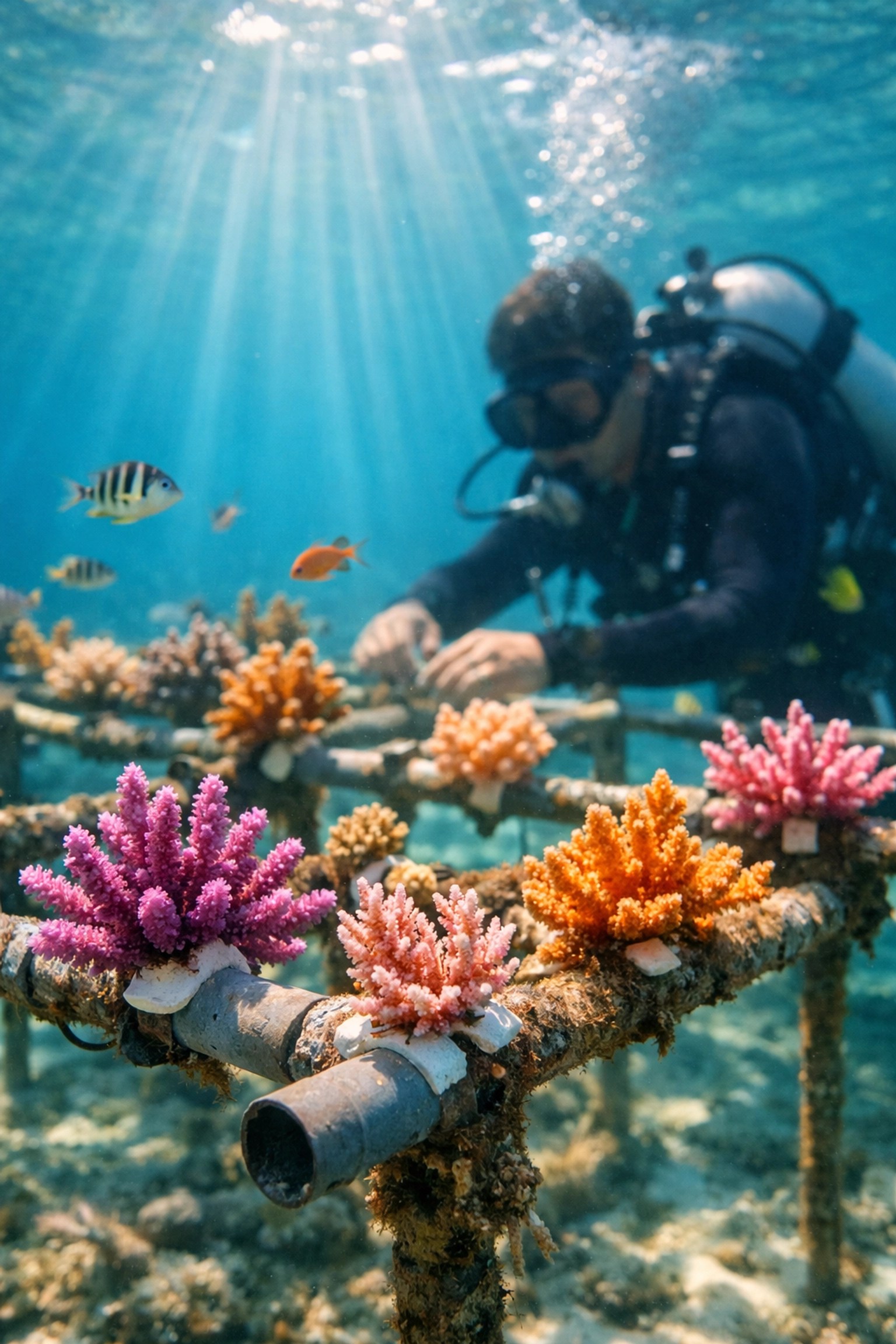 Diver restoring coral reef at eco-luxury resort conservation project in tropical waters