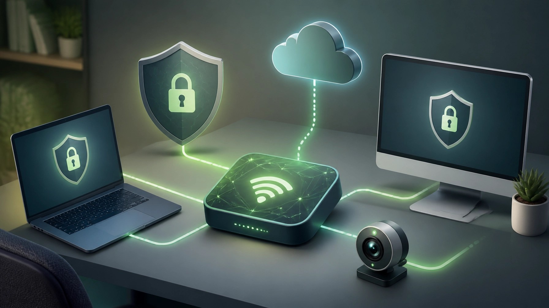 Secure home office mesh network connecting laptop, monitor, webcam, and cloud services