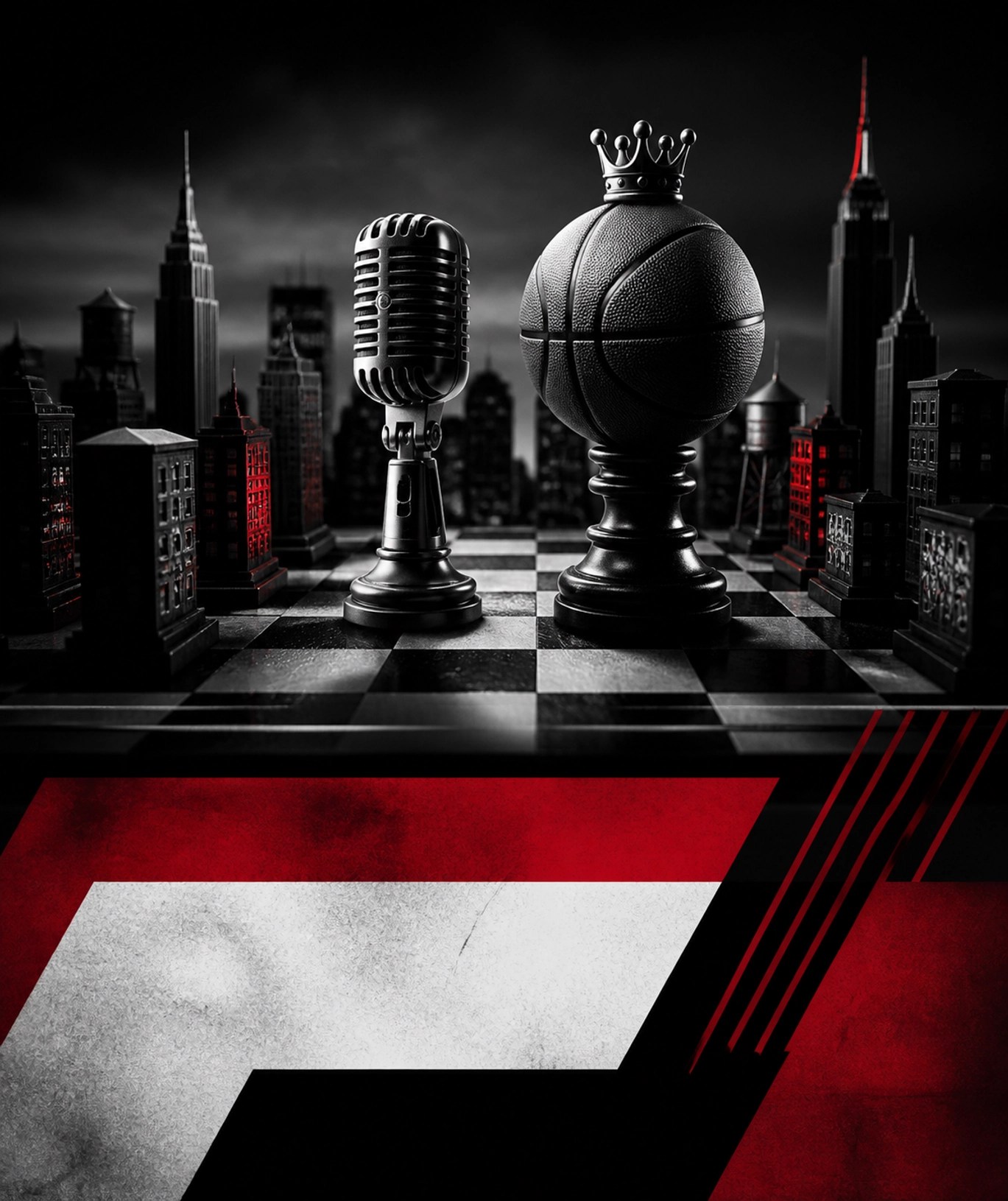 Urban-themed chessboard with a basketball and microphone pieces, representing the deeper strategy in sports news.