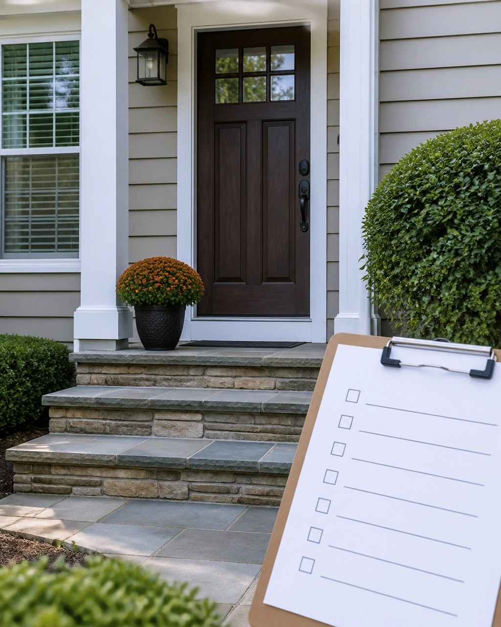 Clean Maryland home entry with swept steps, trimmed greenery, a fresh front door, and a seasonal planter