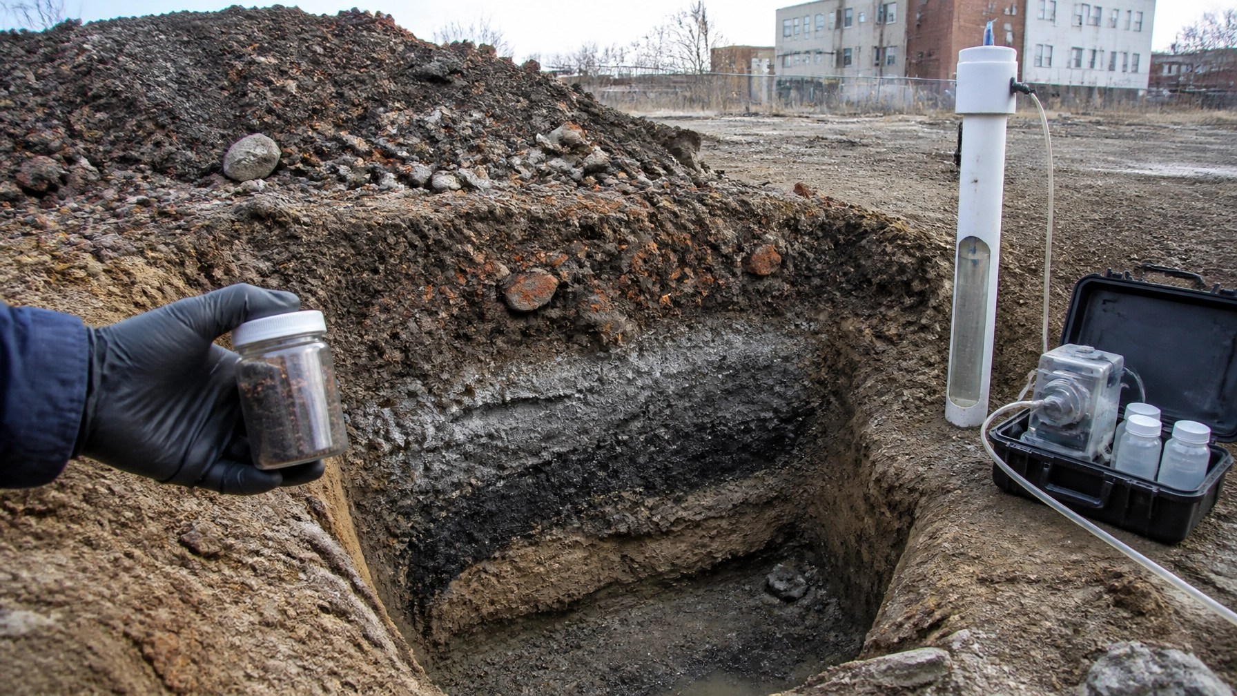 Urban historic fill test pit showing stratified soil, brick fragments, ash-like material, and field sampling equipment