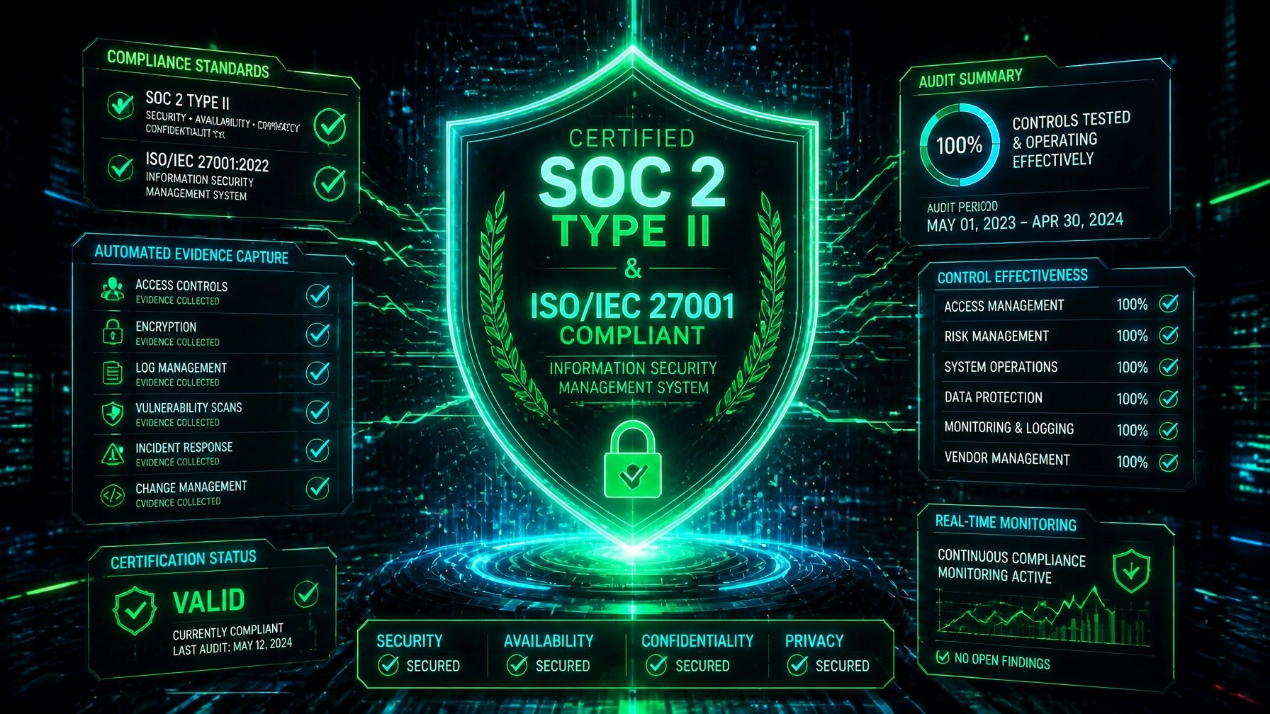 Neonpunk audit shield symbolizing automated evidence and compliance