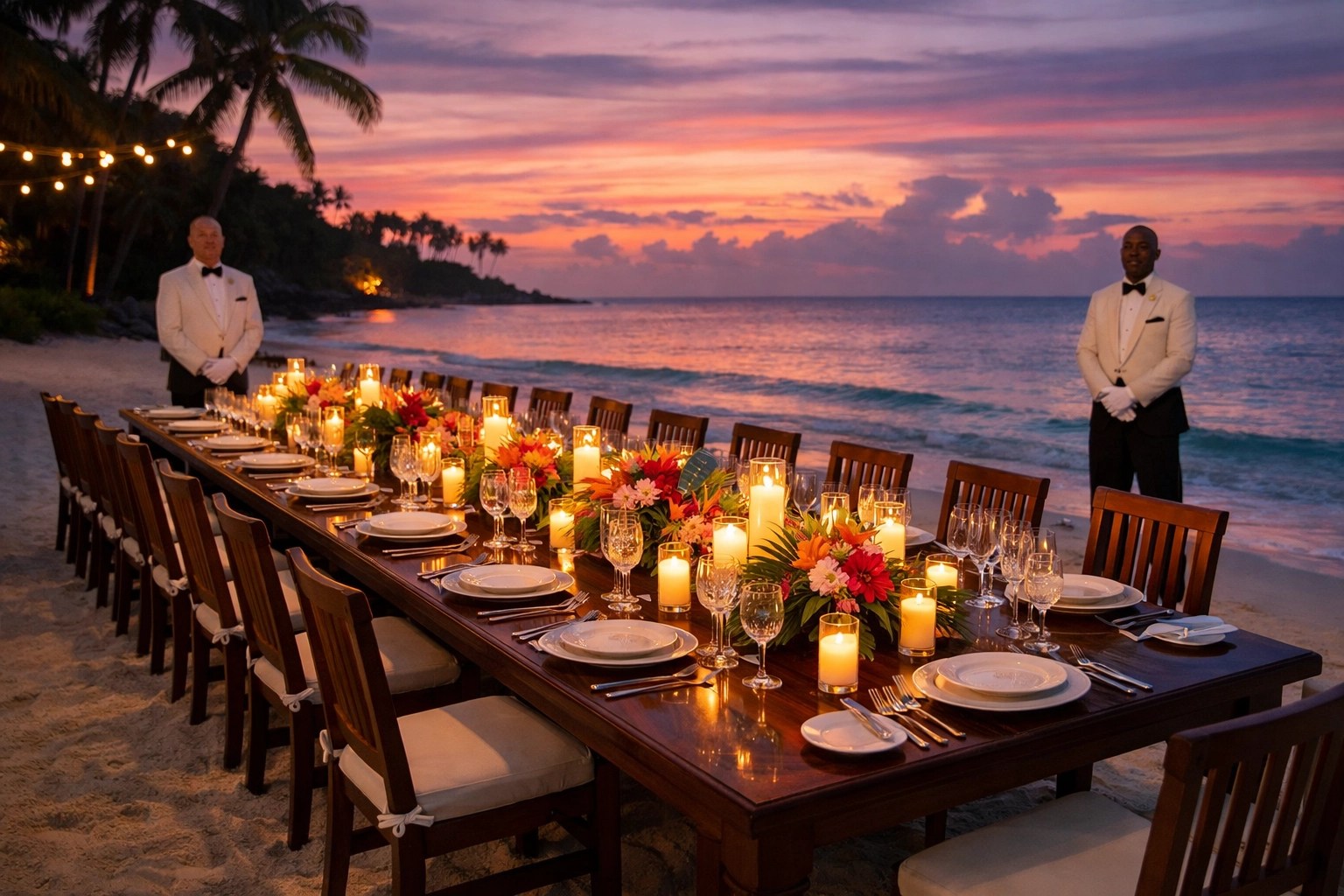 Elegant beachfront dining setup for group luxury private island takeover celebration