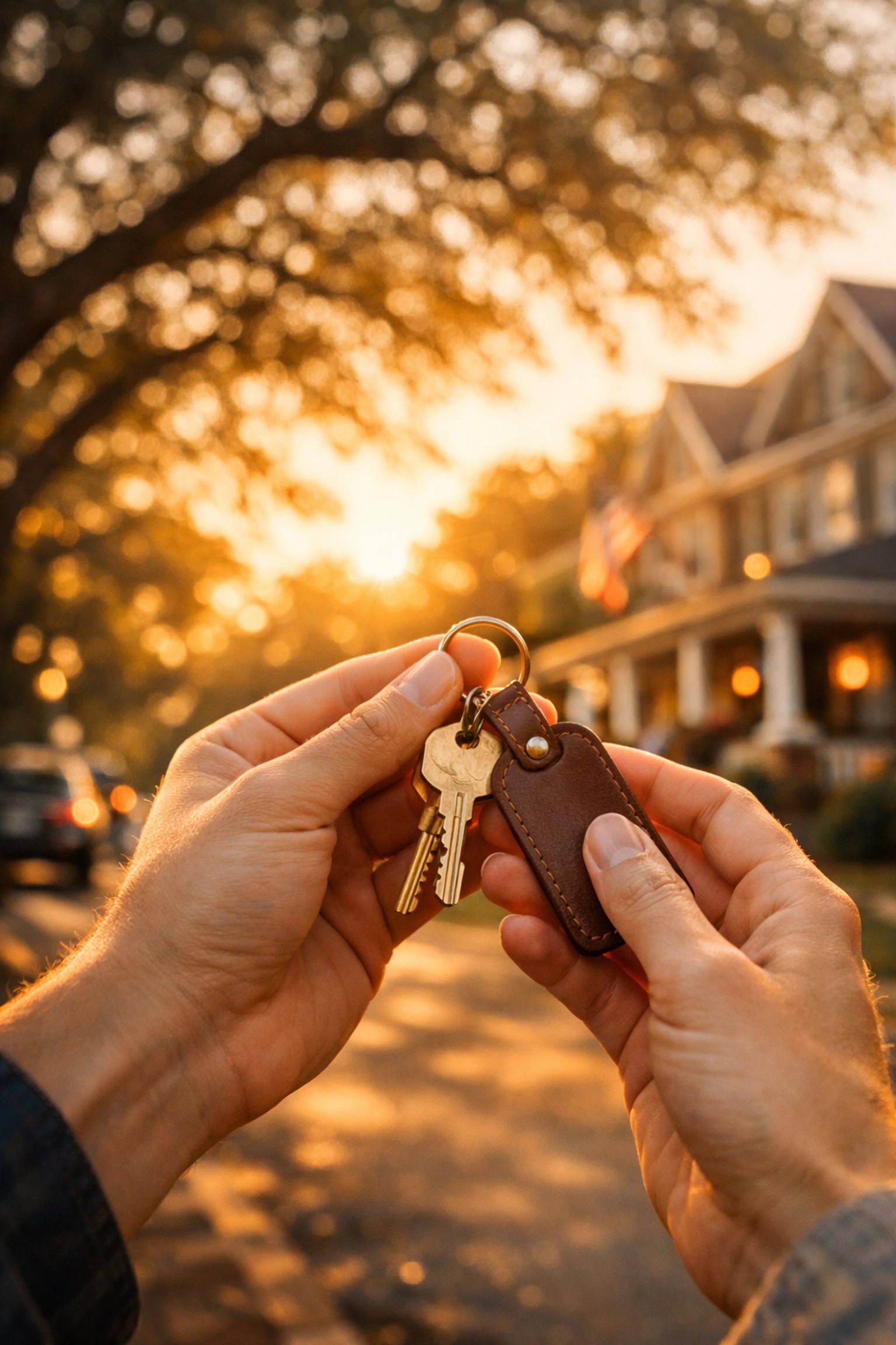 First-time homebuyer holding brass keys in a beautiful Roswell Georgia neighborhood.