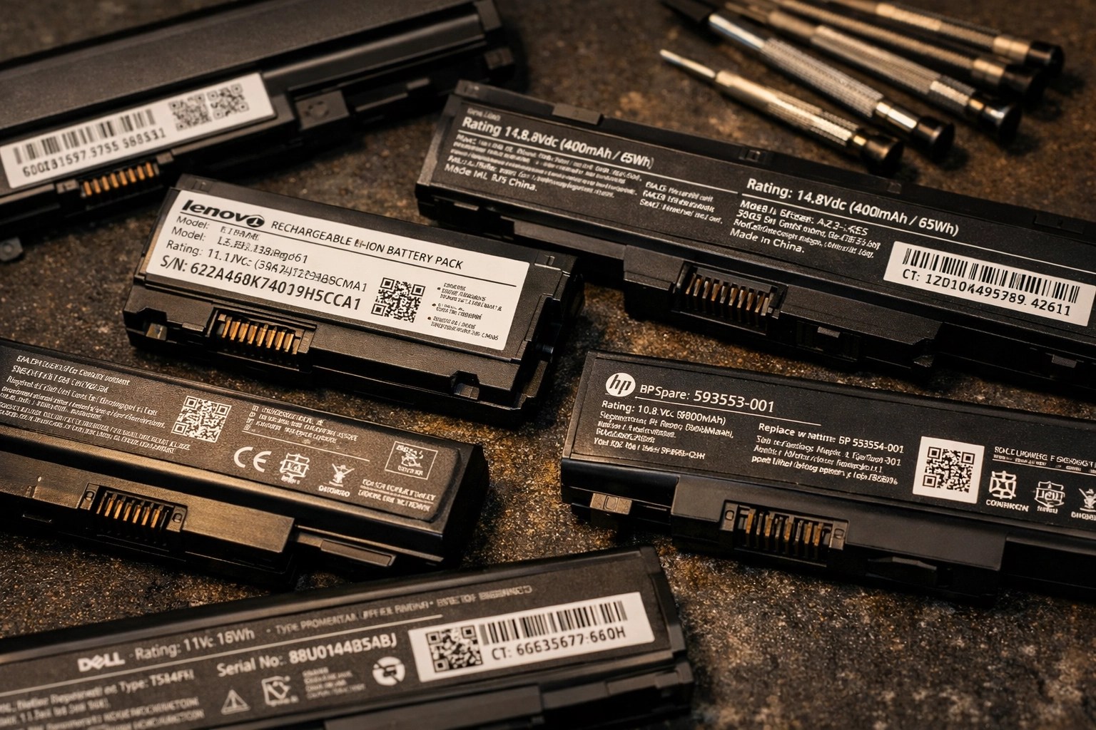 Various laptop batteries on a workbench showing part numbers needed for a correct laptop battery repair.