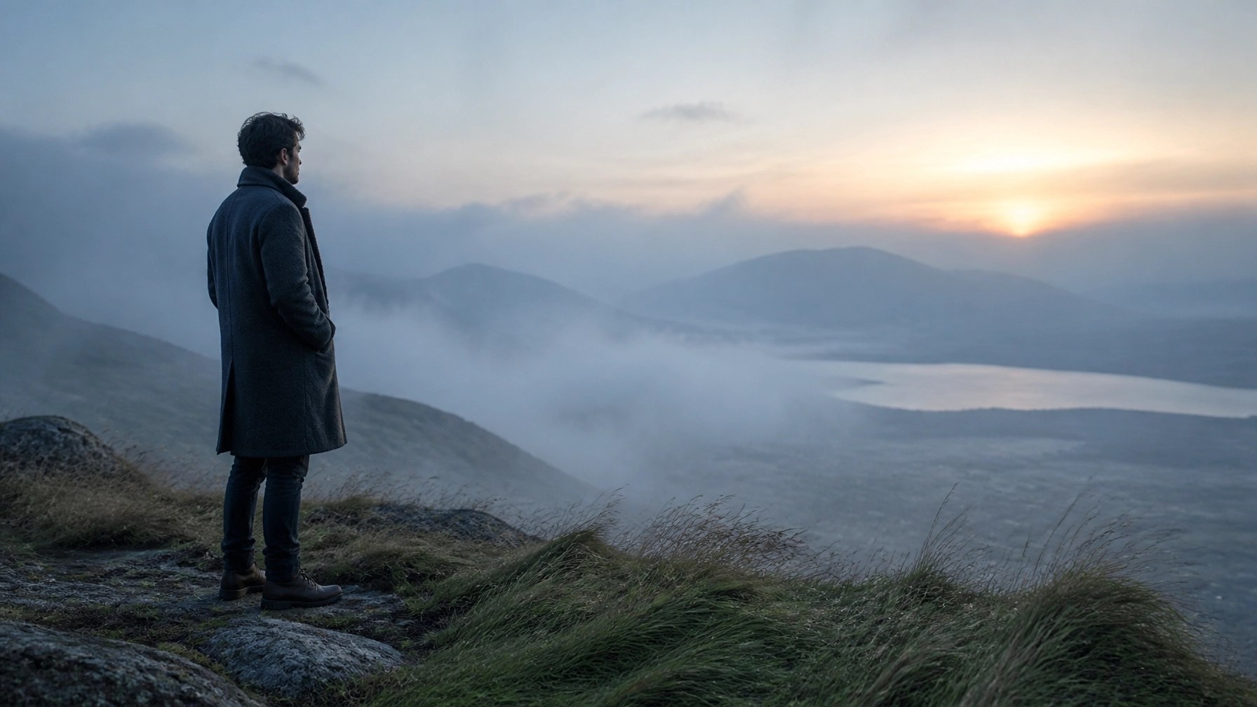 A person standing on a cliffside at dawn, looking out over a misty valley, symbolizing long-term vision and resolute leadership.