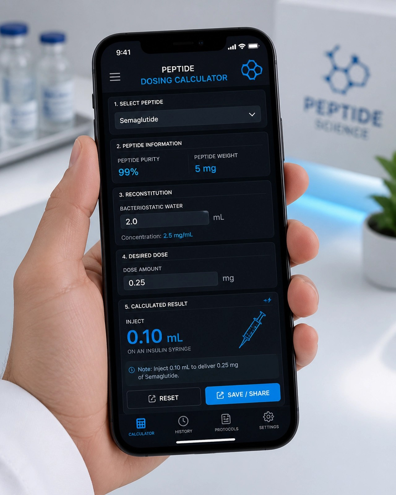 High-tech peptide dosing calculator tool on a smartphone screen in a clinical setting